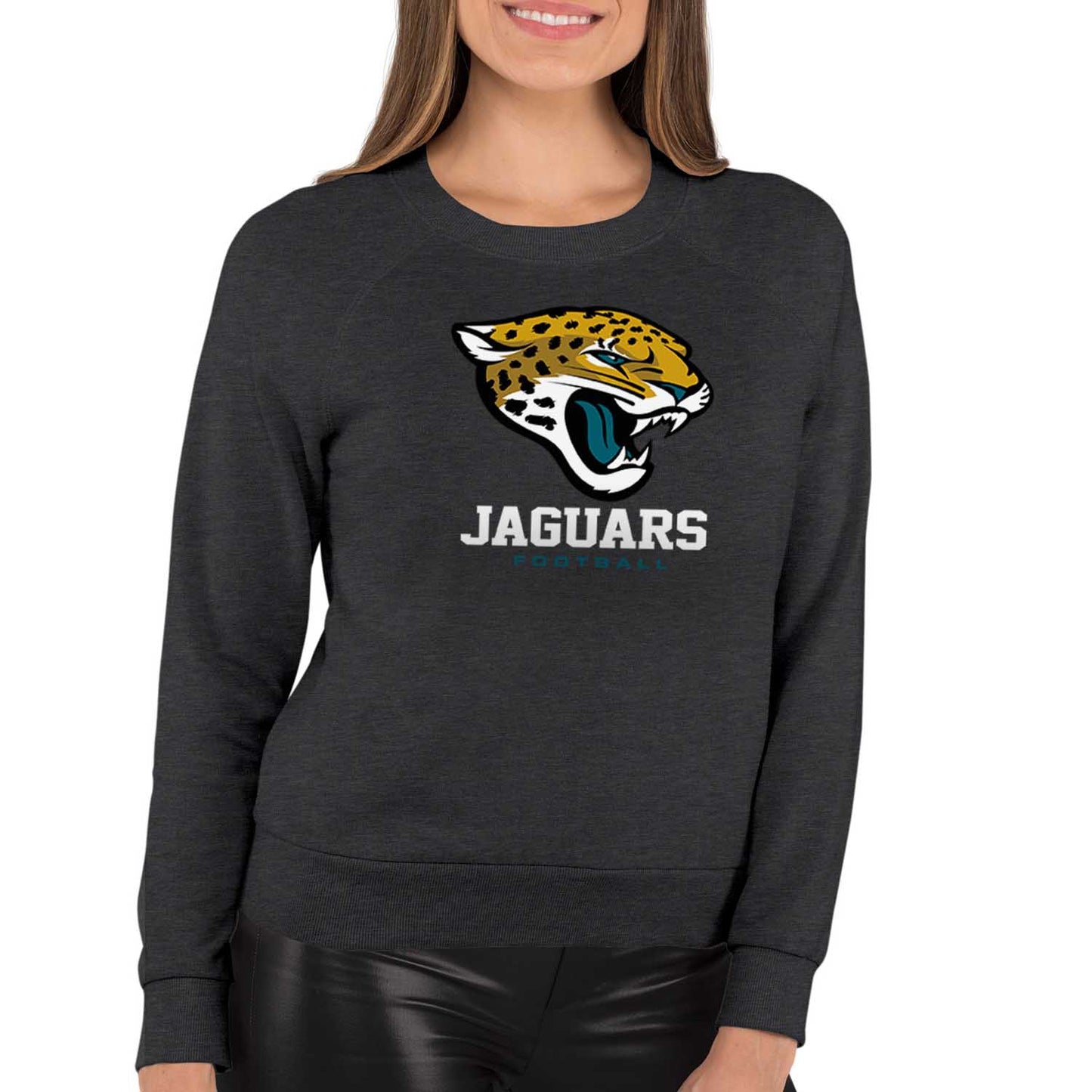 Jacksonville Jaguars NFL Womens Ultimate Fan French Terry Slouchy Top- Raglan Sleeves - Charcoal