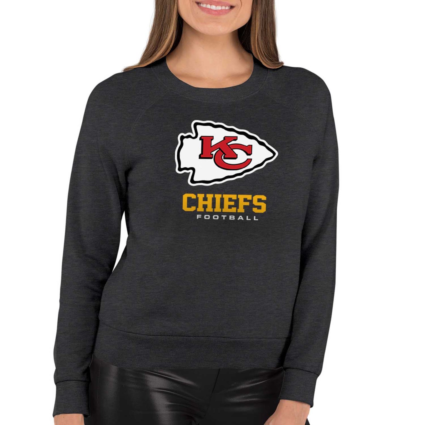 Kansas City Chiefs NFL Womens Ultimate Fan French Terry Slouchy Top- Raglan Sleeves - Charcoal