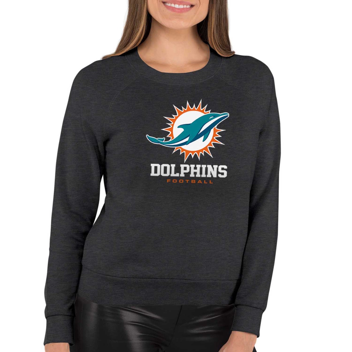 Miami Dolphins NFL Womens Ultimate Fan French Terry Slouchy Top- Raglan Sleeves - Charcoal