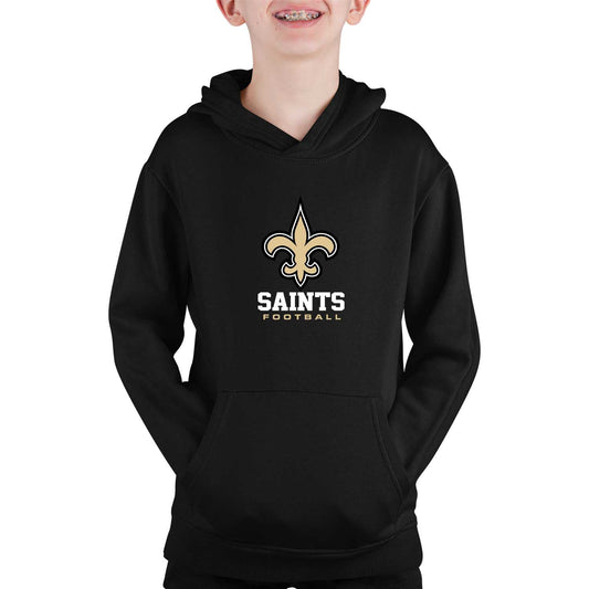 New Orleans Saints Youth NFL Ultimate Fan Logo Fleece Hooded Sweatshirt -Tagless Football Pullover For Kids - Black