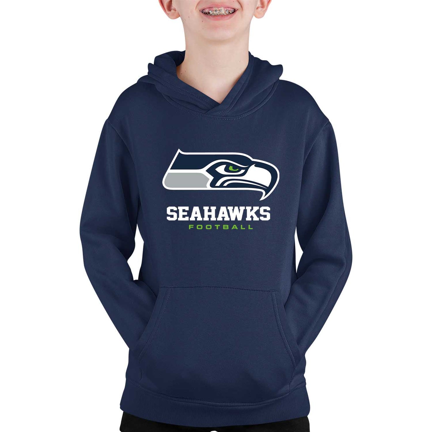 Seattle Seahawks Youth NFL Ultimate Fan Logo Fleece Hooded Sweatshirt -Tagless Football Pullover For Kids - Navy