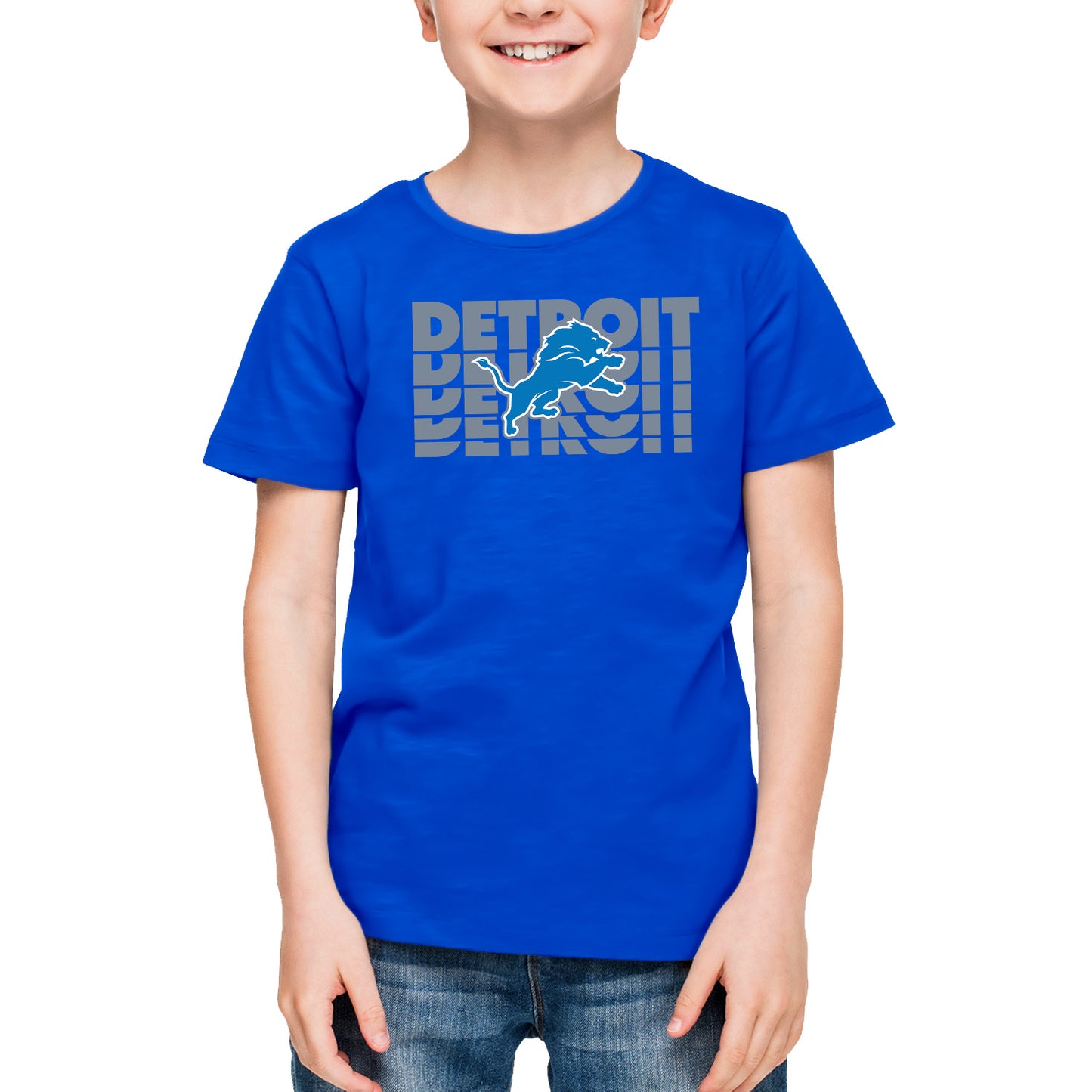 Detroit Lions NFL Youth Repeating Logo Football T-Shirt Unisex Tag Free Comfortable - Royal