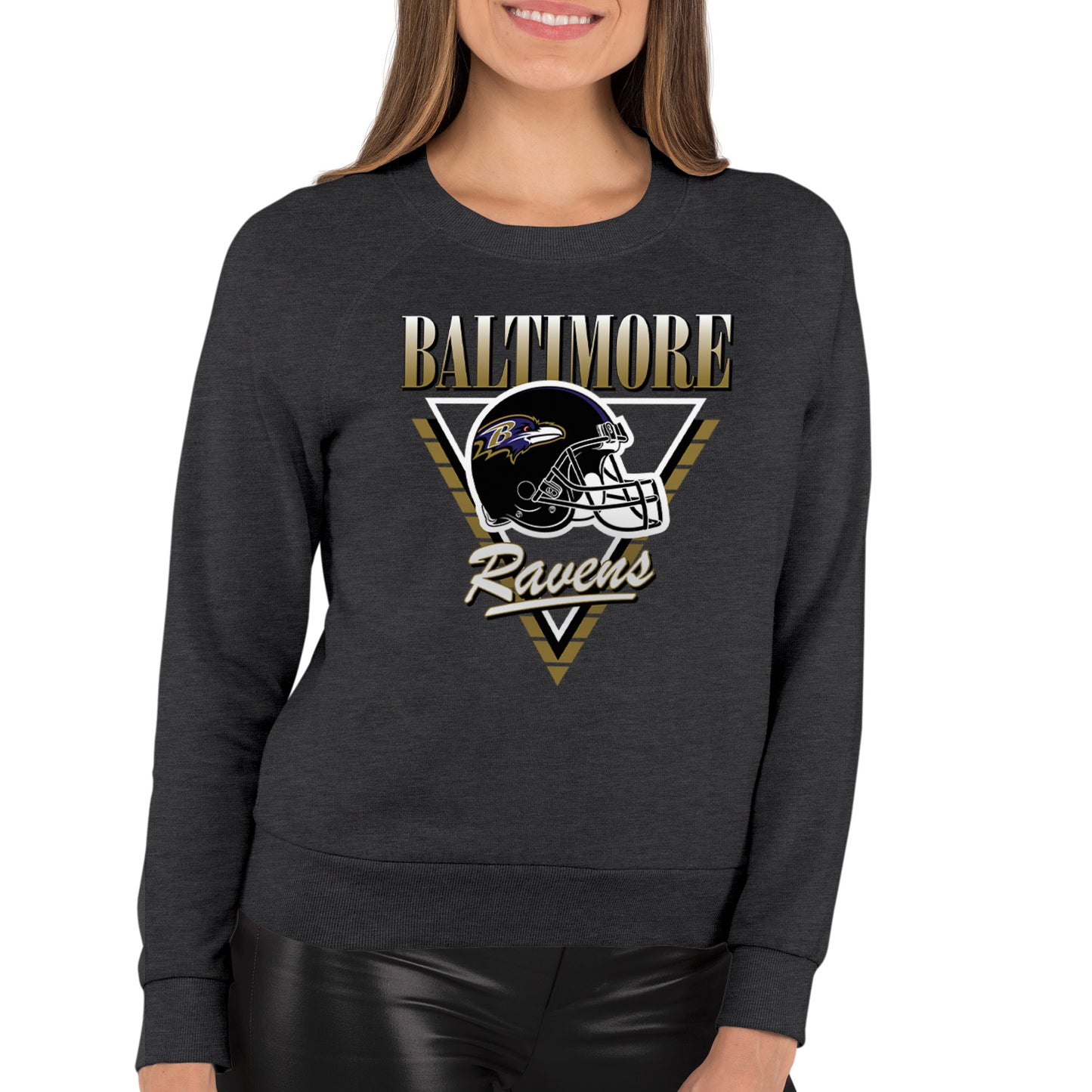 Baltimore Ravens NFL Womens Retro Triangle French Terry Slouchy Top- Raglan Sleeves - Heather Charcoal