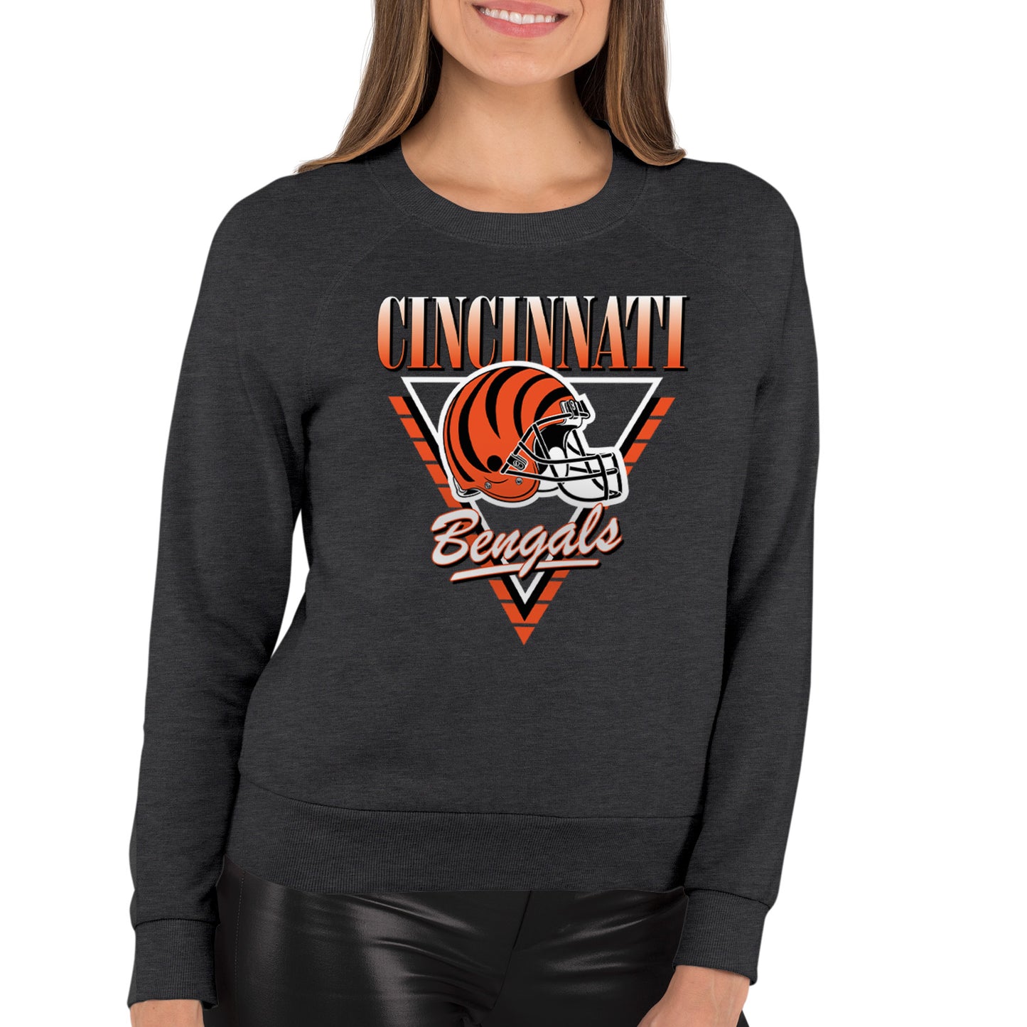 Cincinnati Bengals NFL Womens Retro Triangle French Terry Slouchy Top- Raglan Sleeves - Heather Charcoal