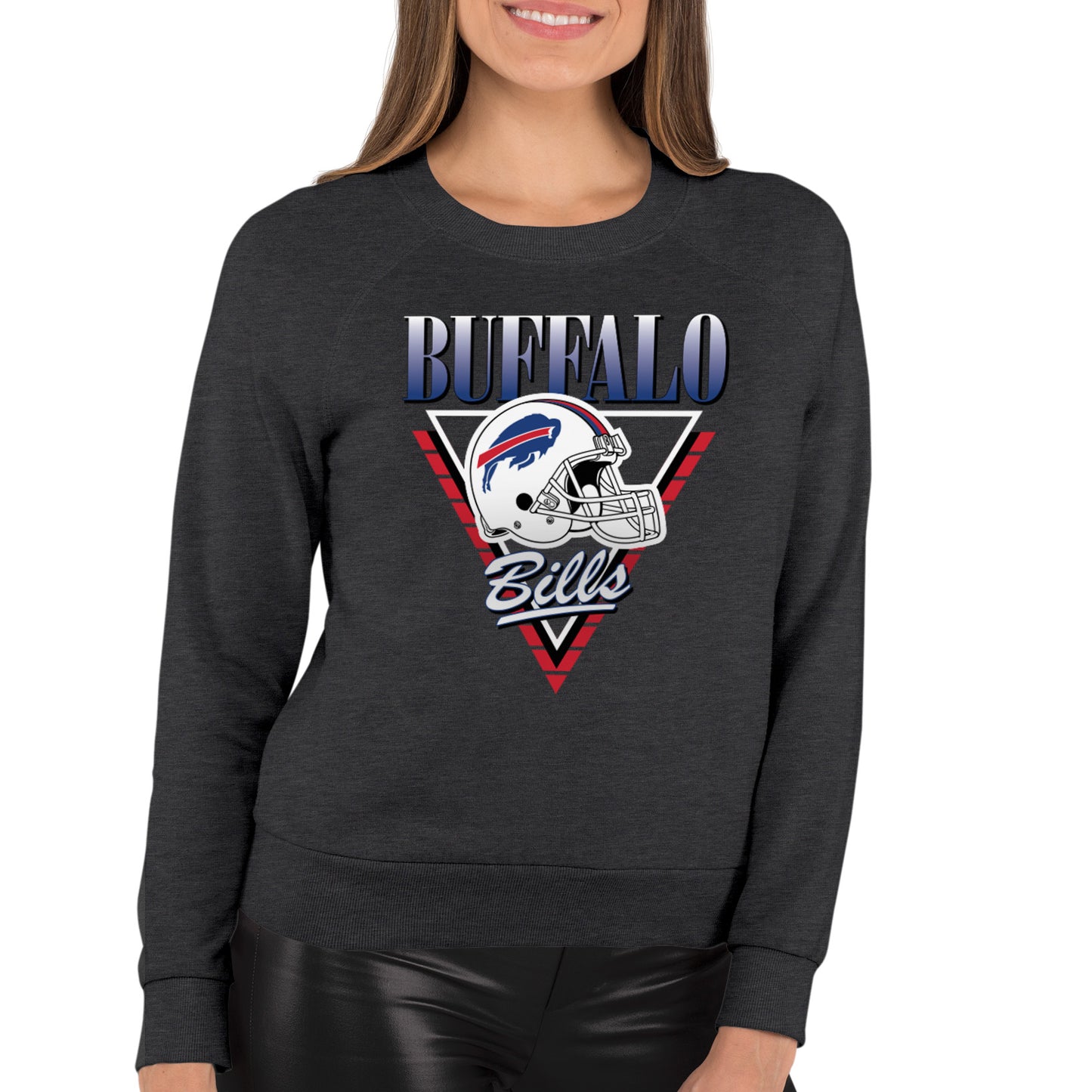 Buffalo Bills NFL Womens Retro Triangle French Terry Slouchy Top- Raglan Sleeves - Heather Charcoal