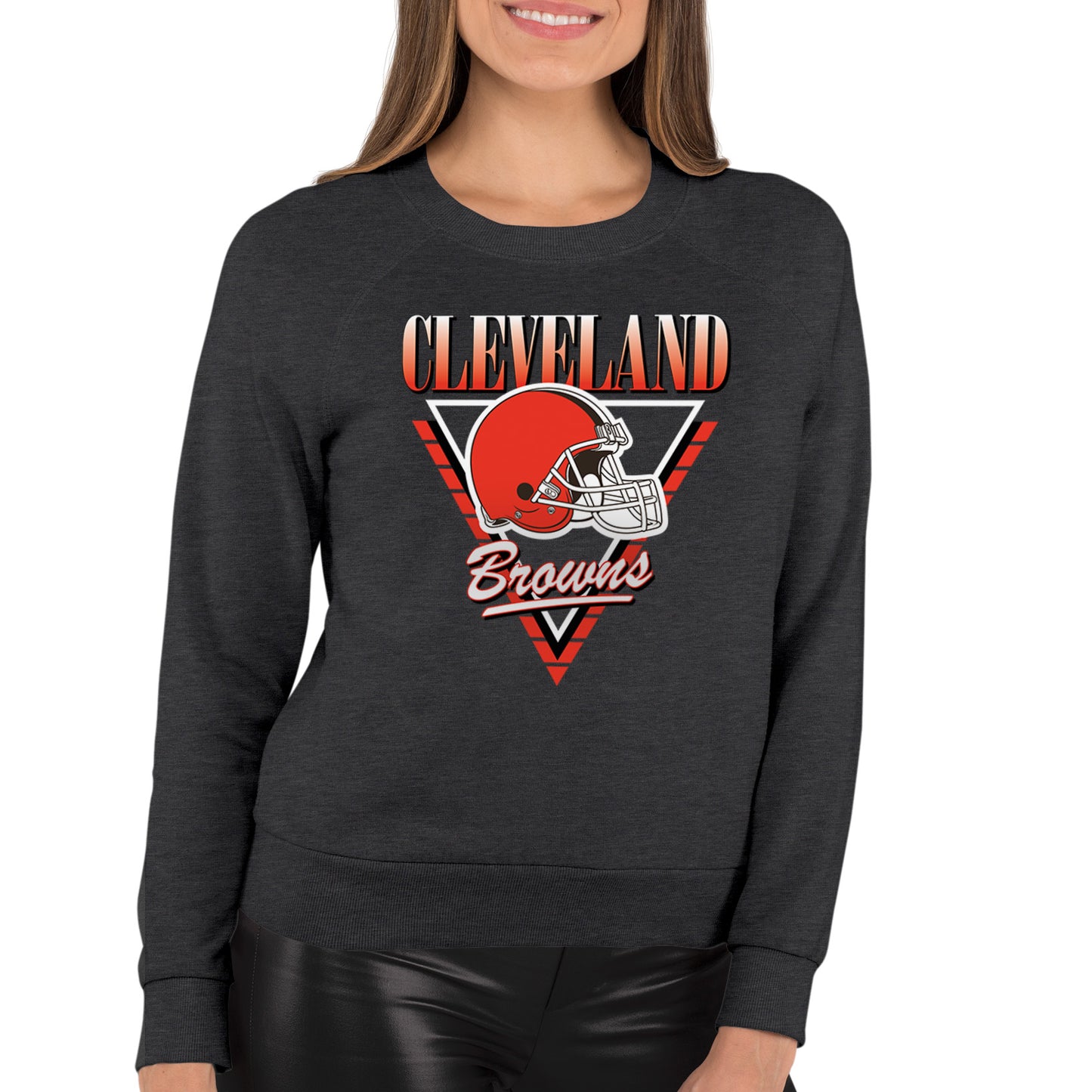 Cleveland Browns NFL Womens Retro Triangle French Terry Slouchy Top- Raglan Sleeves - Heather Charcoal