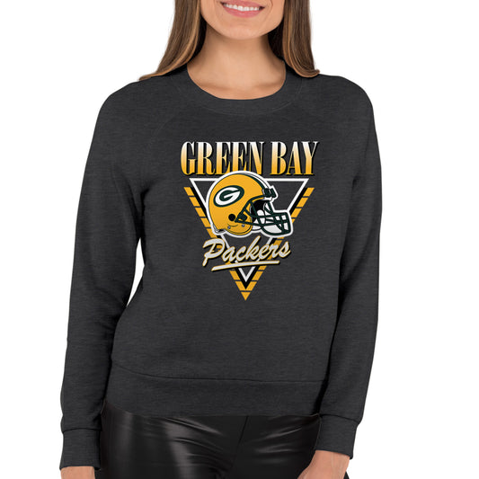 Green Bay Packers NFL Womens Retro Triangle French Terry Slouchy Top- Raglan Sleeves - Heather Charcoal