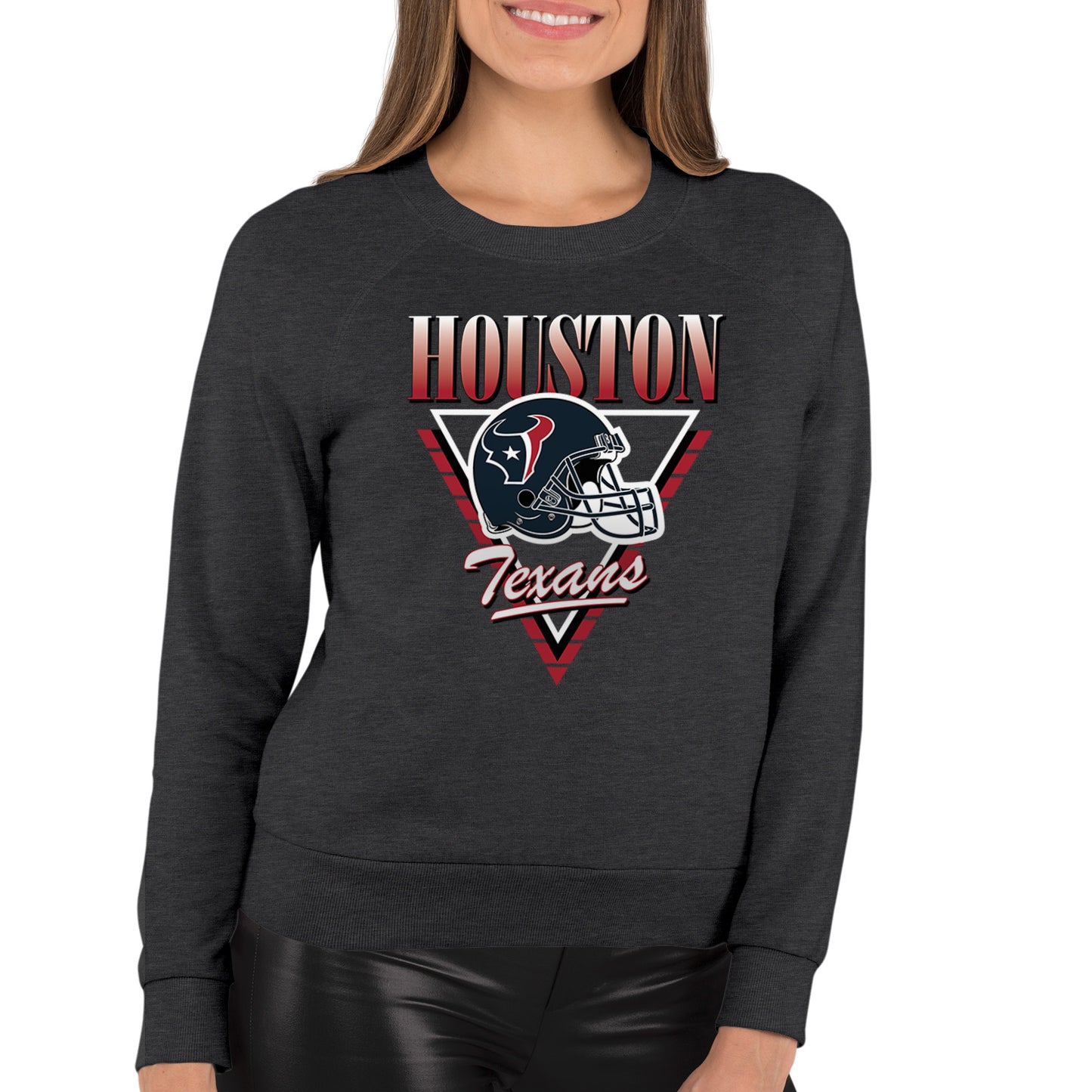 Houston Texans NFL Womens Retro Triangle French Terry Slouchy Top- Raglan Sleeves - Heather Charcoal