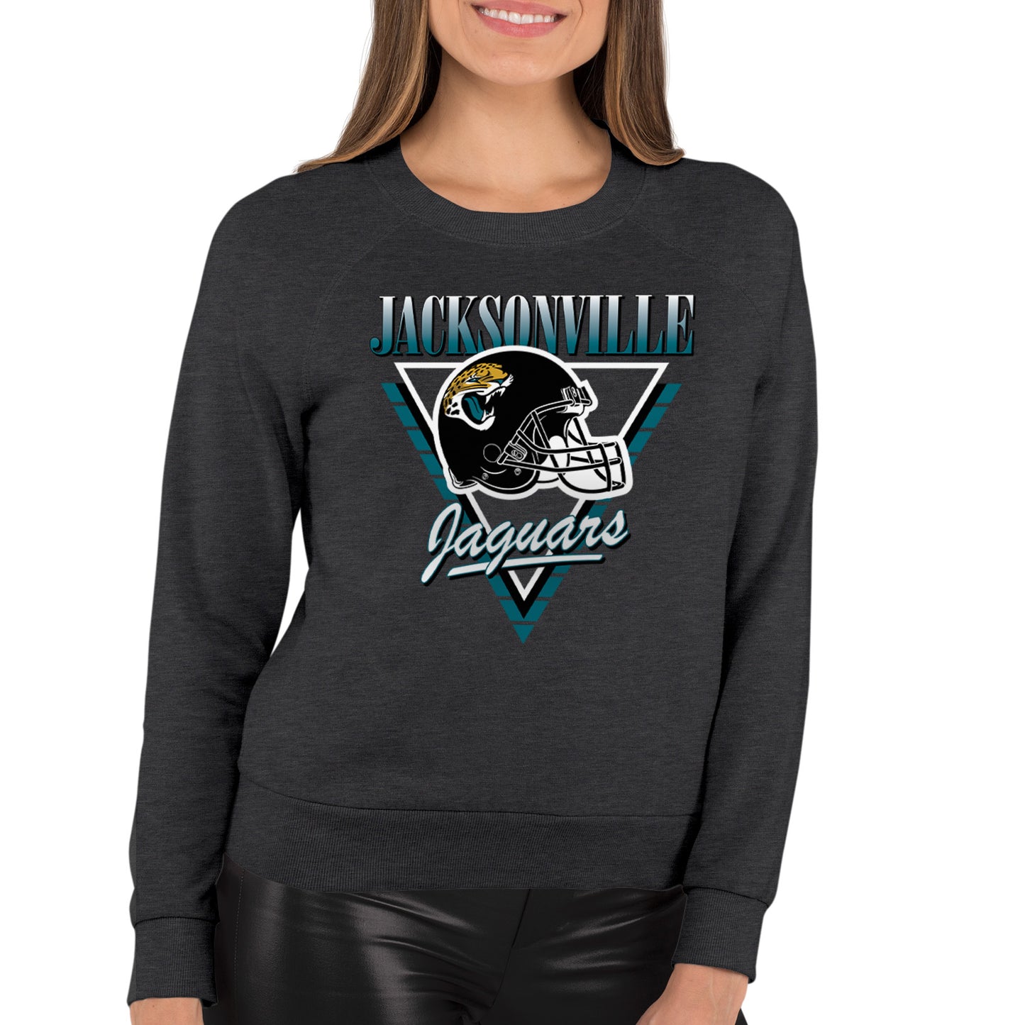 Jacksonville Jaguars NFL Womens Retro Triangle French Terry Slouchy Top- Raglan Sleeves - Heather Charcoal
