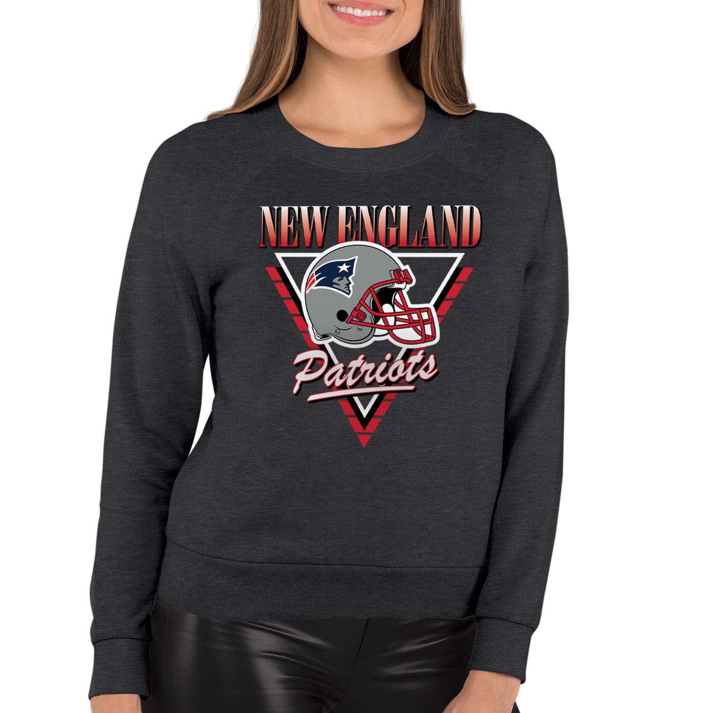 New England Patriots NFL Womens Retro Triangle French Terry Slouchy Top- Raglan Sleeves - Heather Charcoal