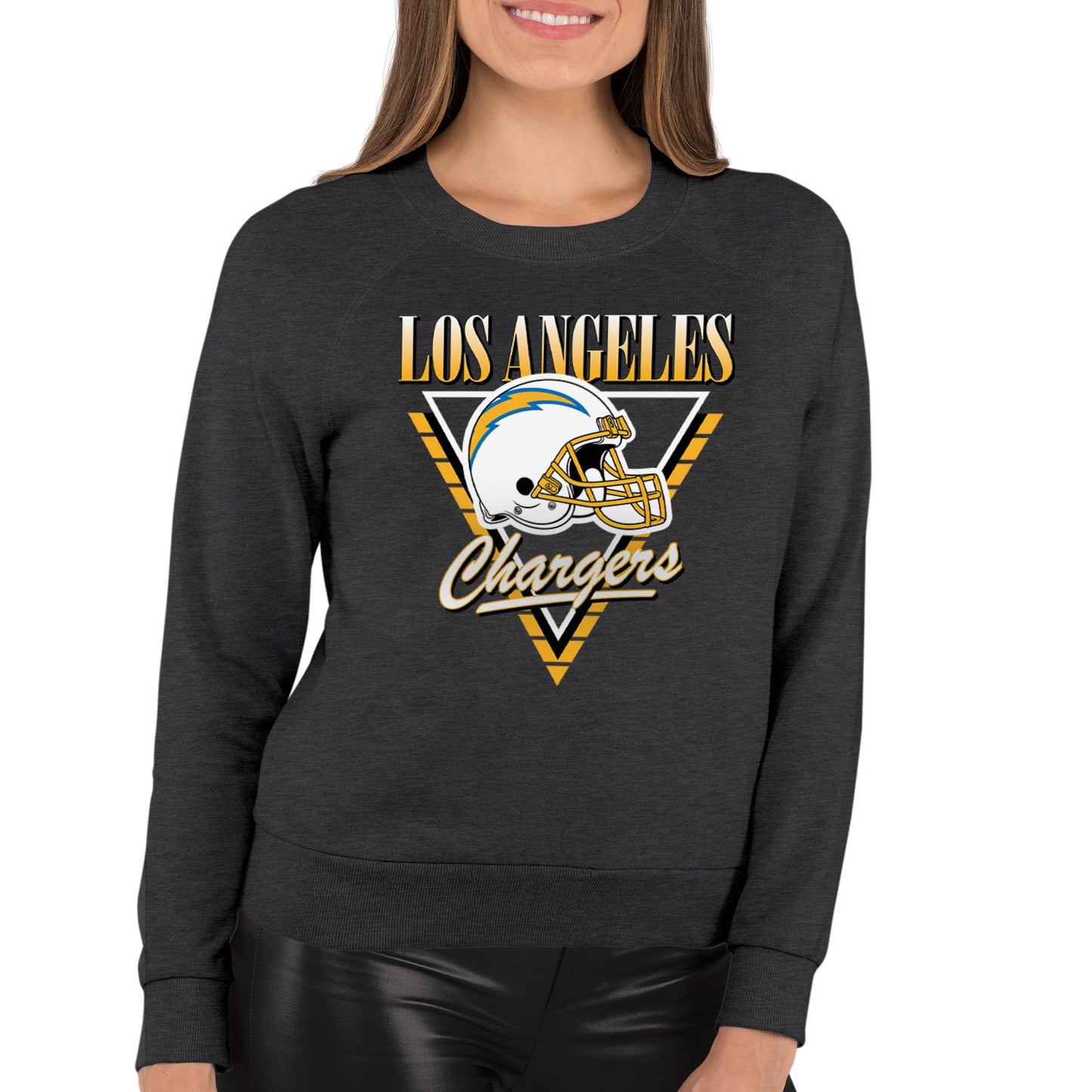 Los Angeles Chargers NFL Womens Retro Triangle French Terry Slouchy Top- Raglan Sleeves - Heather Charcoal