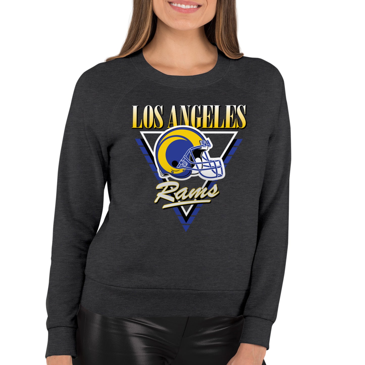 Los Angeles Rams NFL Womens Retro Triangle French Terry Slouchy Top- Raglan Sleeves - Heather Charcoal