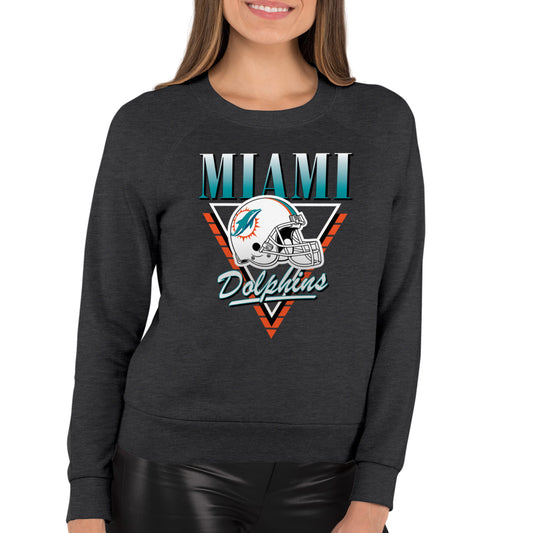 Miami Dolphins NFL Womens Retro Triangle French Terry Slouchy Top- Raglan Sleeves - Heather Charcoal