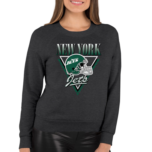 New York Jets NFL Womens Retro Triangle French Terry Slouchy Top- Raglan Sleeves - Heather Charcoal