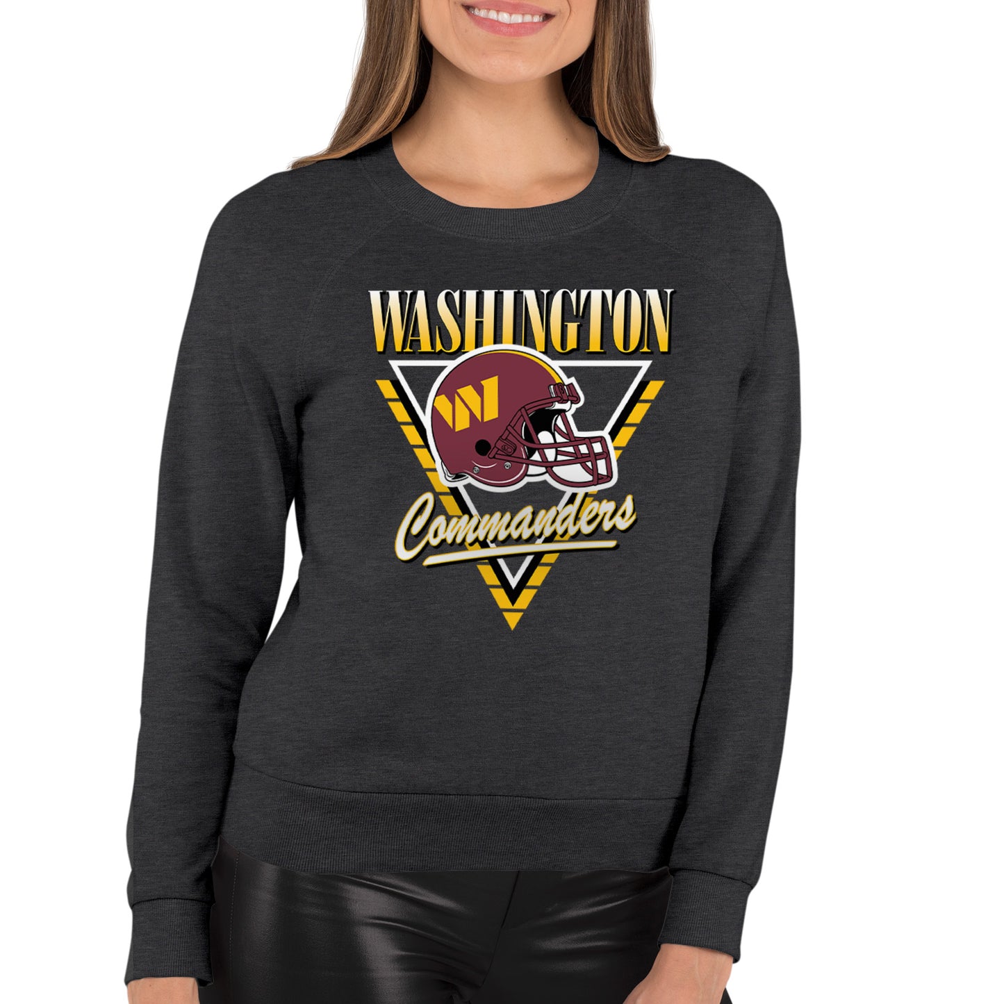 Washington Commanders NFL Womens Retro Triangle French Terry Slouchy Top- Raglan Sleeves - Heather Charcoal