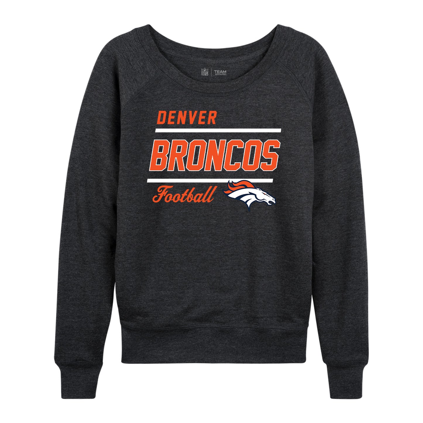 Denver Broncos NFL Womens Gameday French Terry Slouchy Top- Raglan Sleeves - Heather Charcoal