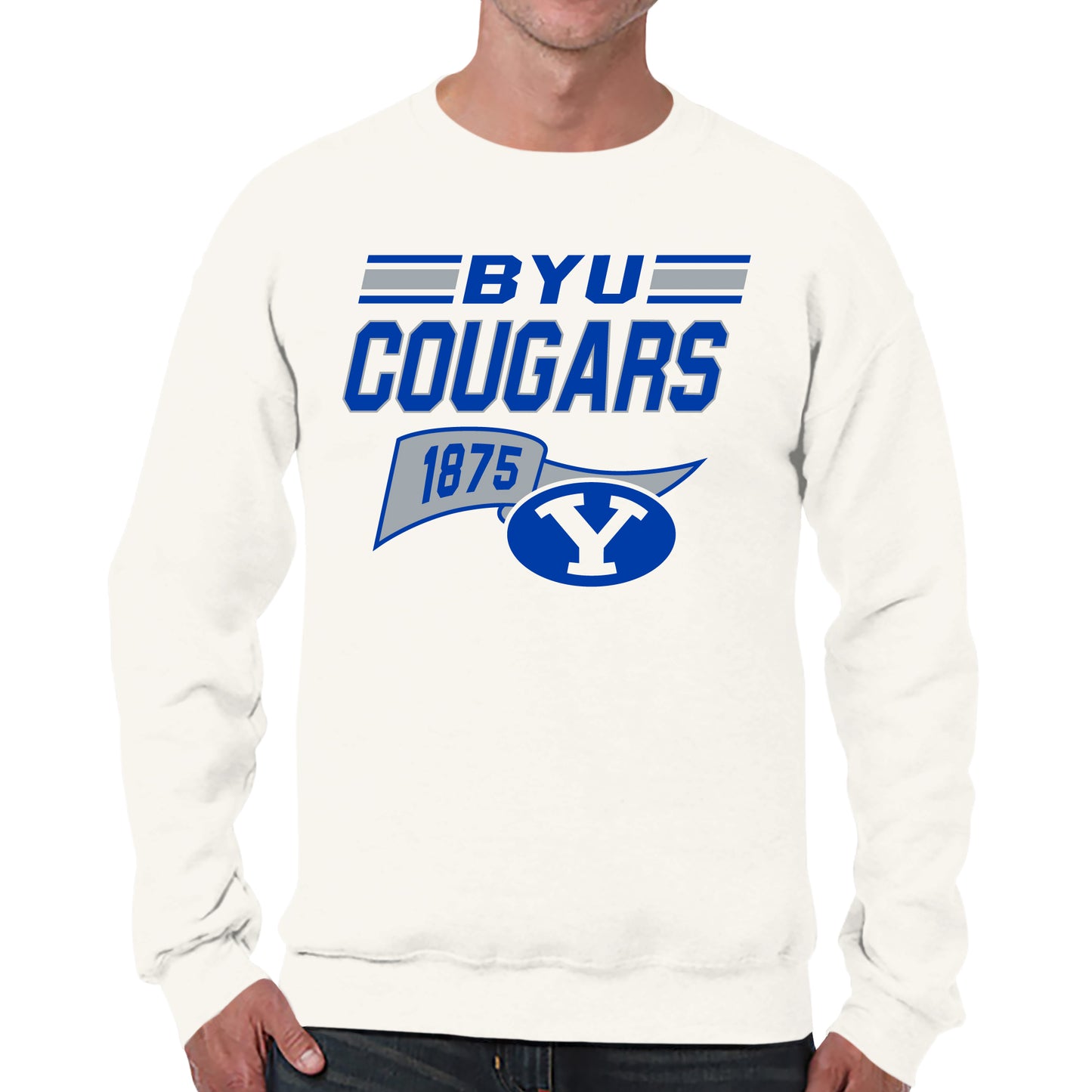 BYU Cougars NCAA Adult Unisex Varsity Club Pennant Crewneck Fleece Sweatshirt - Off White