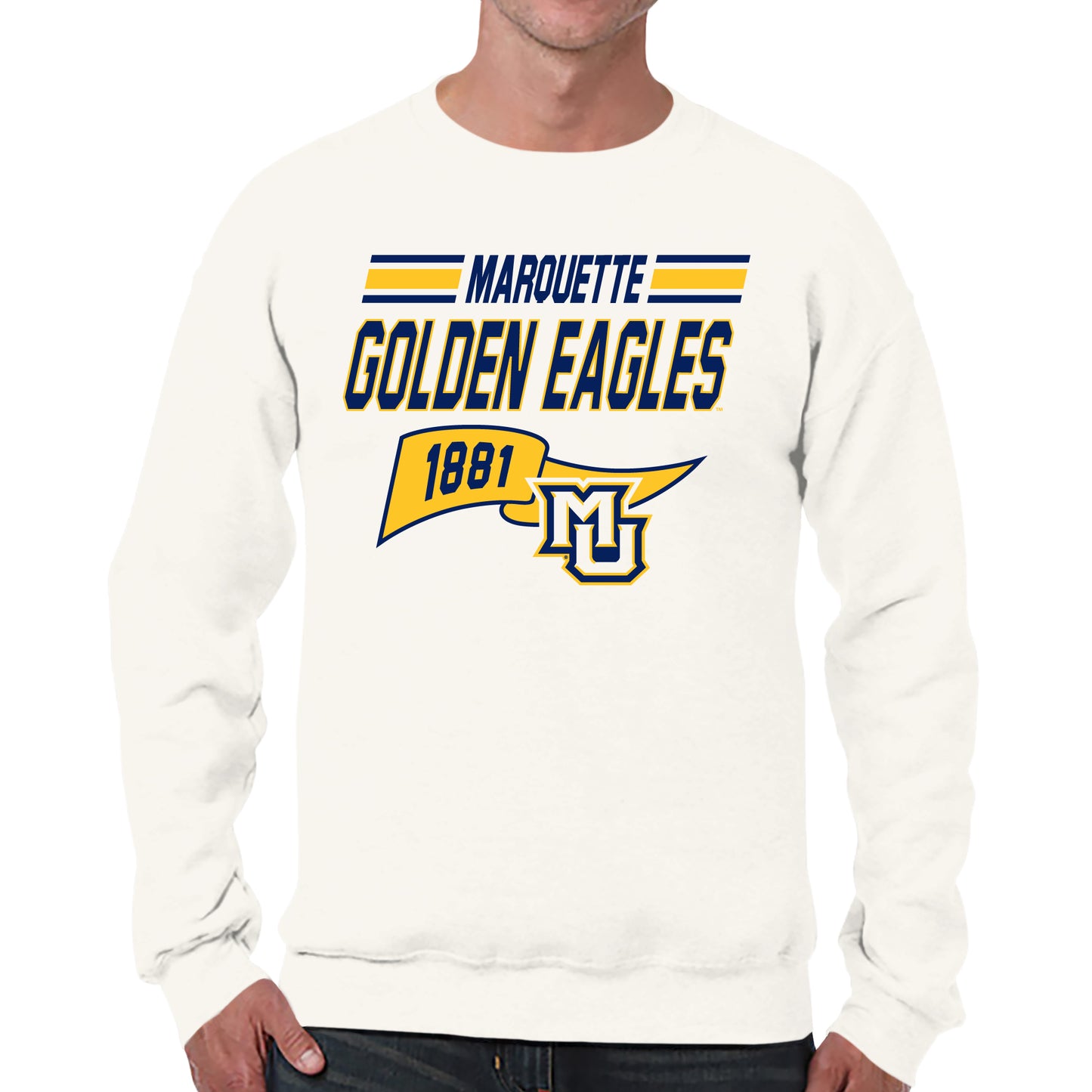 Marquette Golden Eagles NCAA Adult Unisex Varsity Club Pennant Crewneck Fleece Sweatshirt - Off White