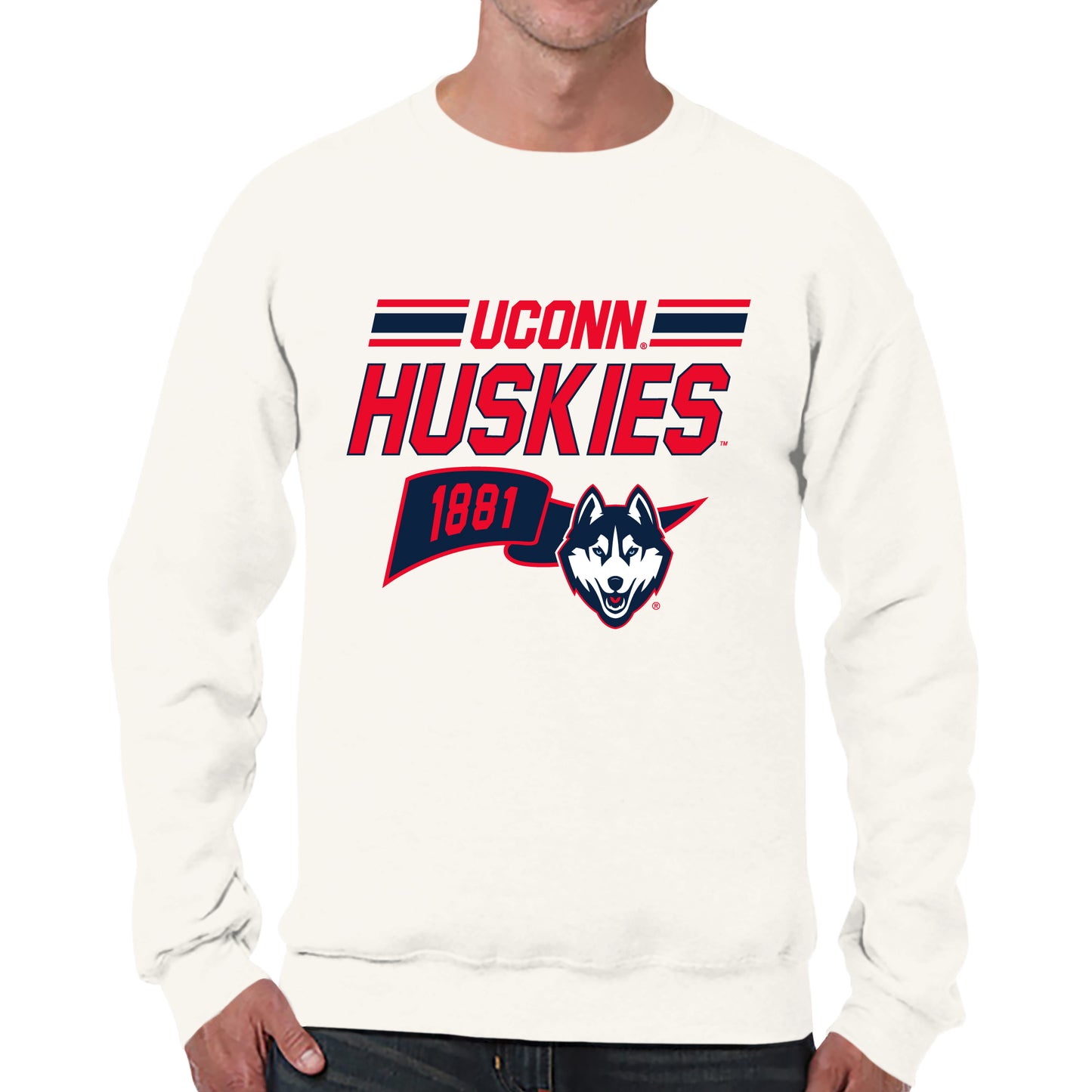 UCONN Huskies NCAA Adult Unisex Varsity Club Pennant Crewneck Fleece Sweatshirt - Off White