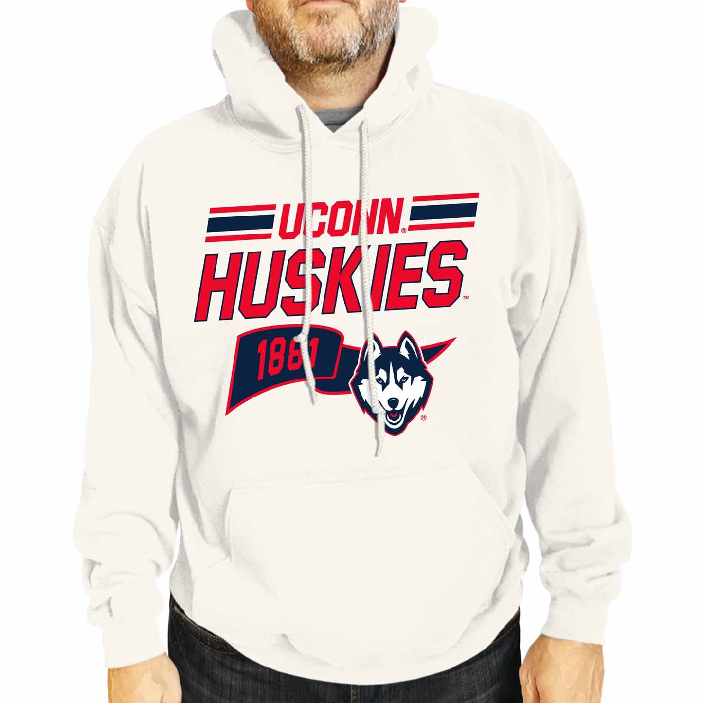 UCONN Huskies NCAA Adult Unisex Varsity Club Pennant Hooded Fleece Sweatshirt - Off White