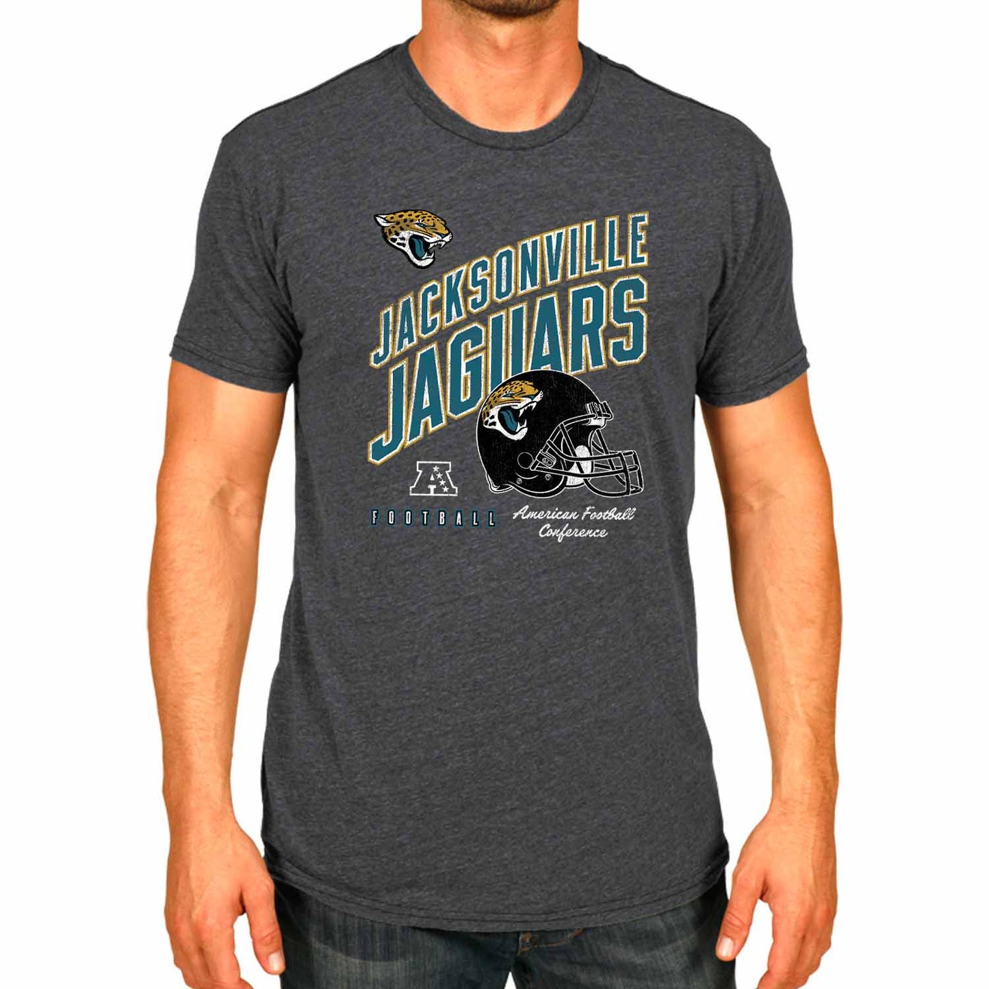 Jacksonville Jaguars NFL Adult Distressed Helmet Tag-Less T-Shirt - Heather Charcoal