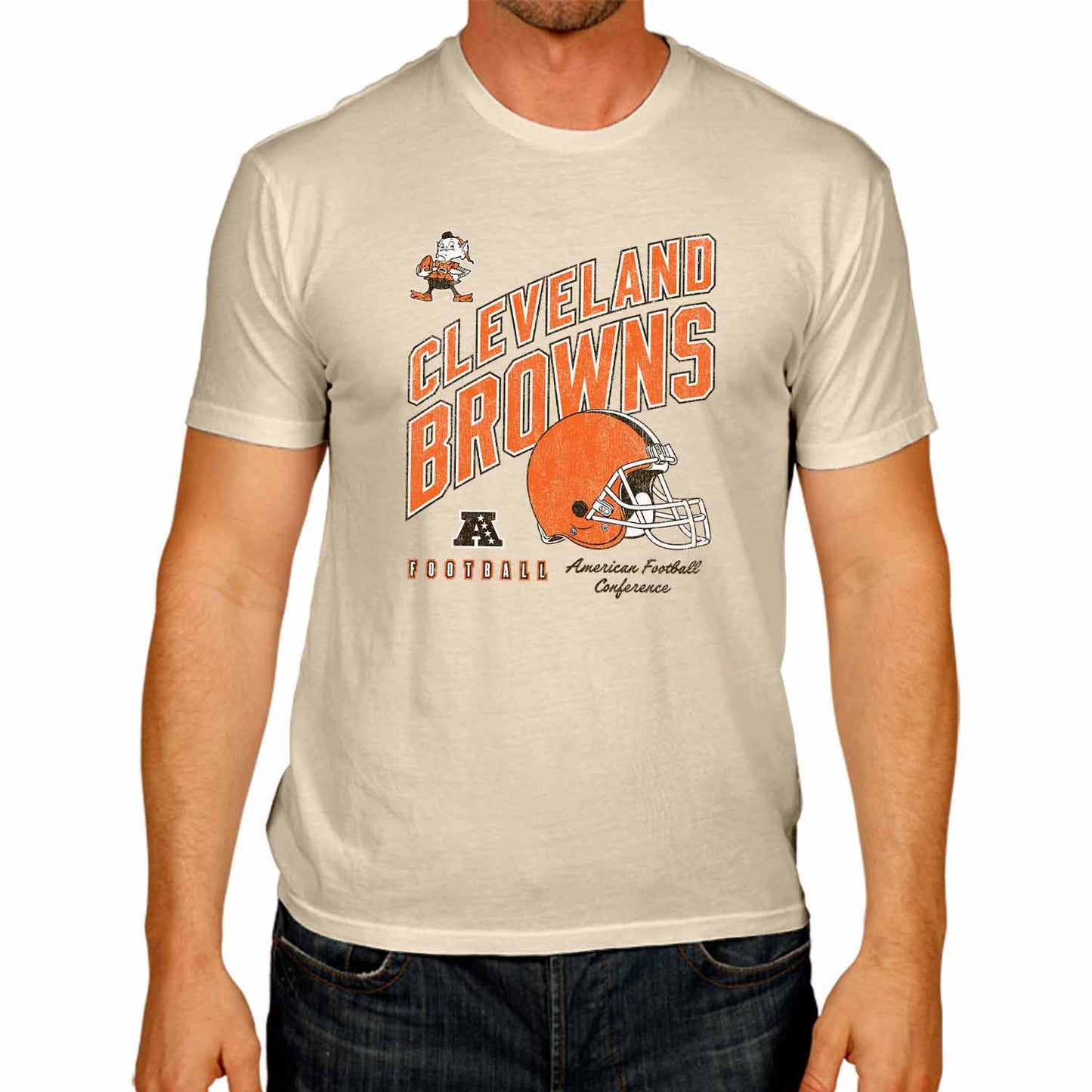 Cleveland Browns NFL Adult Distressed Helmet Tag-Less T-Shirt - Cream
