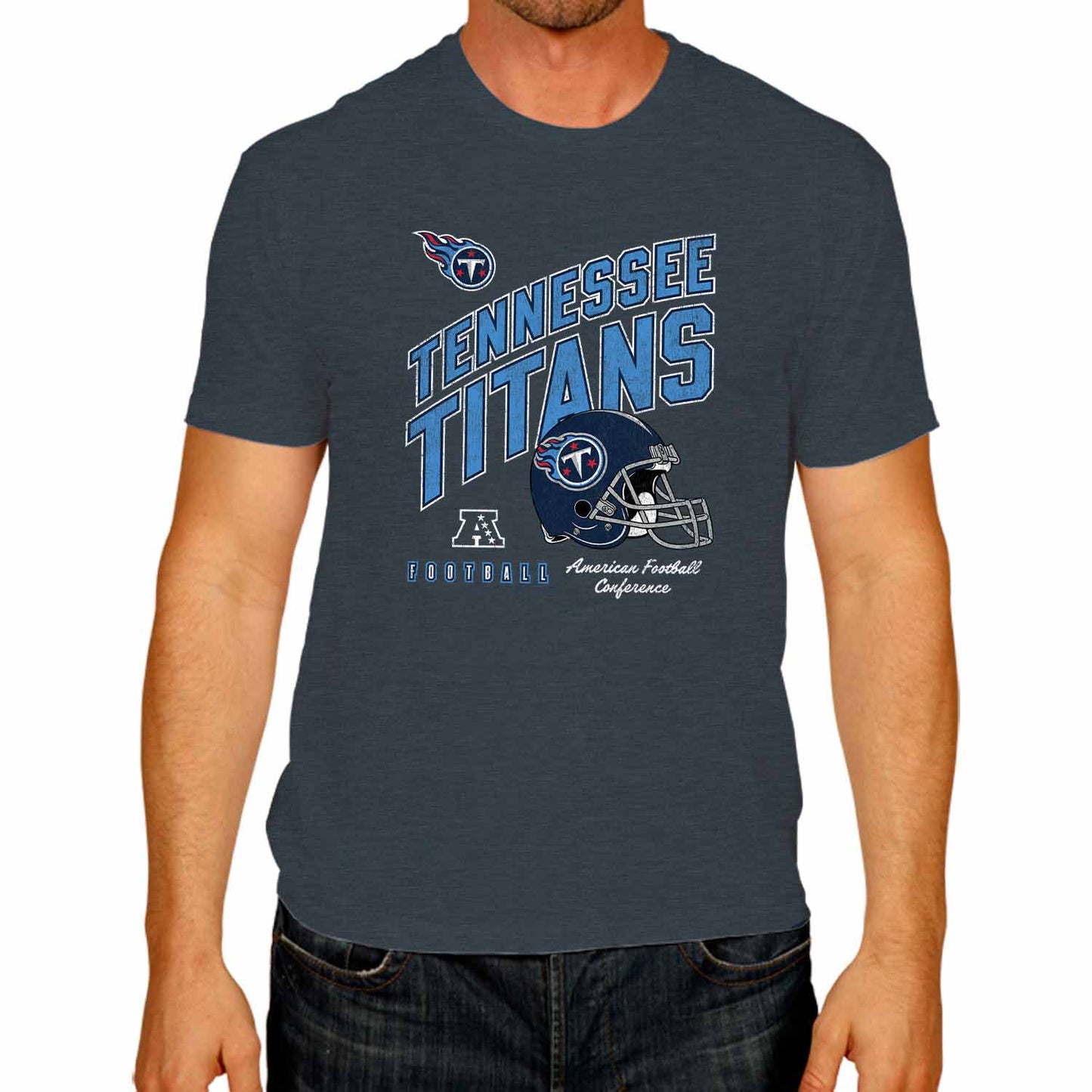Tennessee Titans NFL Adult Distressed Helmet Tag-Less T-Shirt - Navy Heather