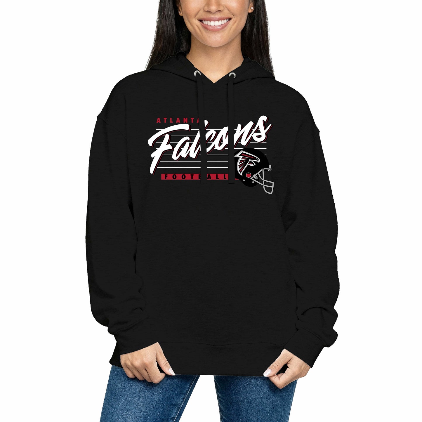 Atlanta Falcons Ladies NFL Scrimmage Line Fleece Pullover Hooded Sweatshirt - Black