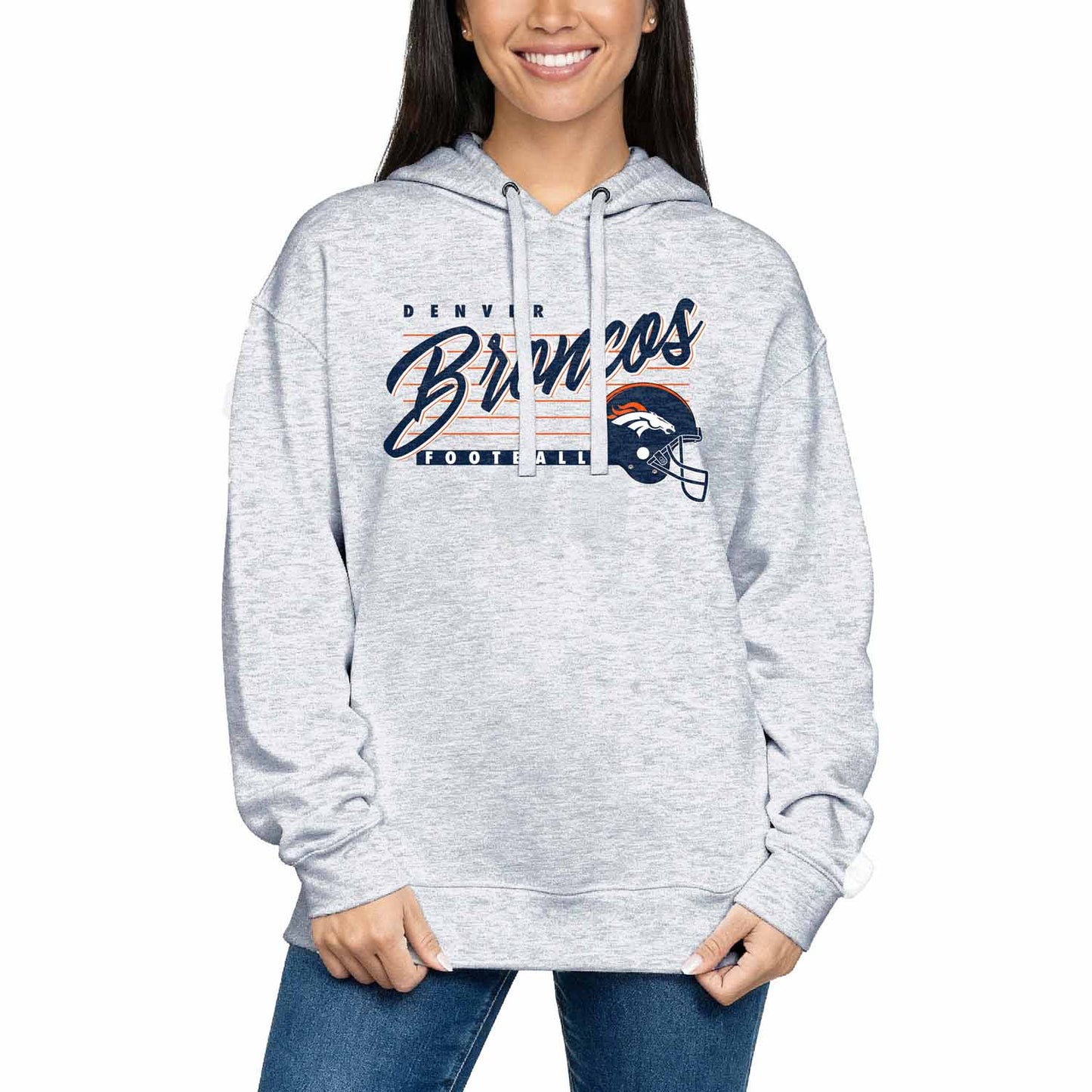 Denver Broncos Ladies NFL Scrimmage Line Fleece Pullover Hooded Sweatshirt - Gray Heather