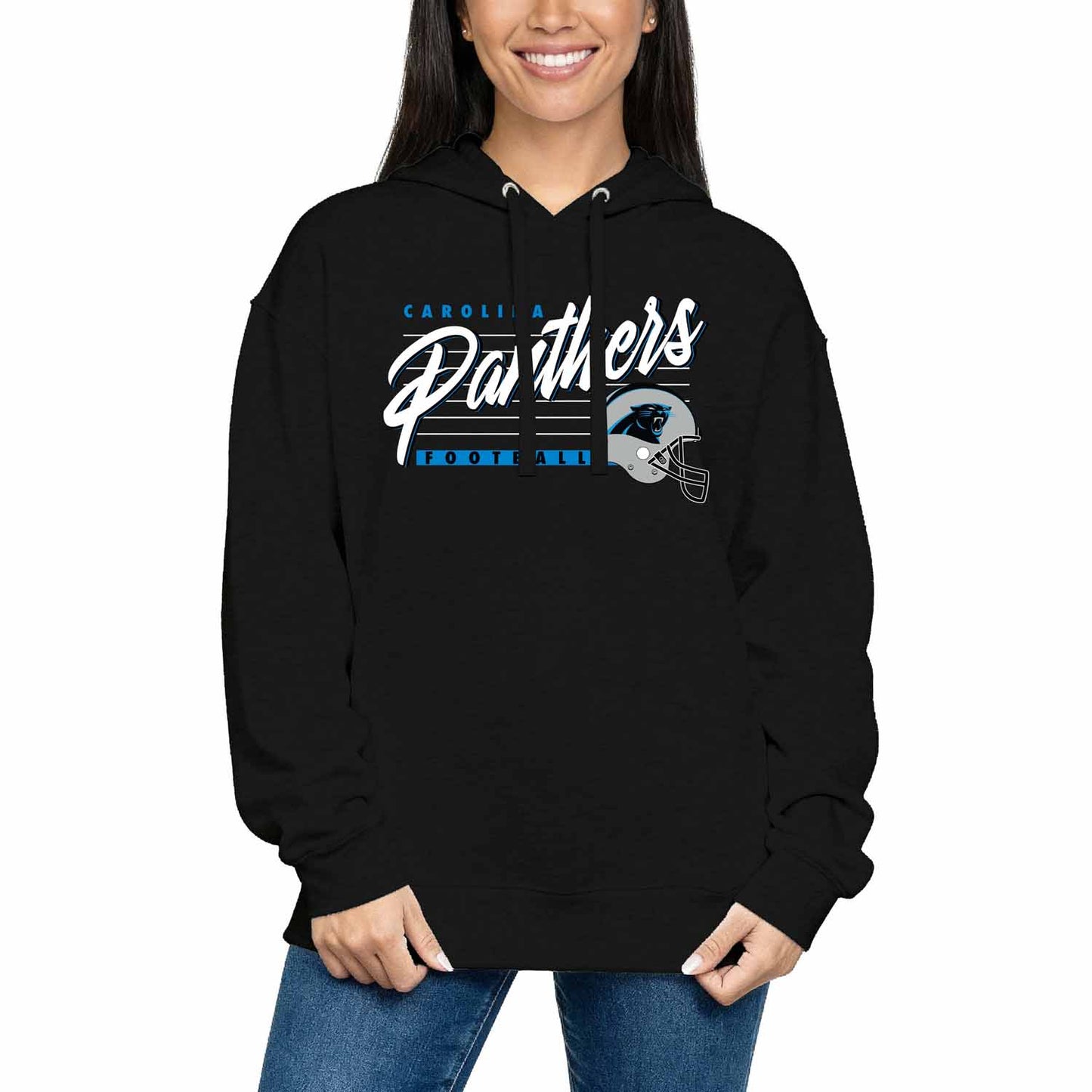 Carolina Panthers Ladies NFL Scrimmage Line Fleece Pullover Hooded Sweatshirt - Black