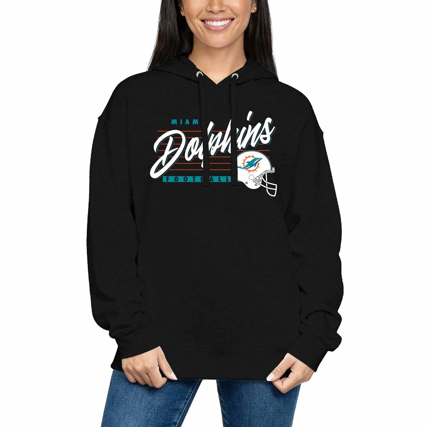 Miami Dolphins Ladies NFL Scrimmage Line Fleece Pullover Hooded Sweatshirt - Black