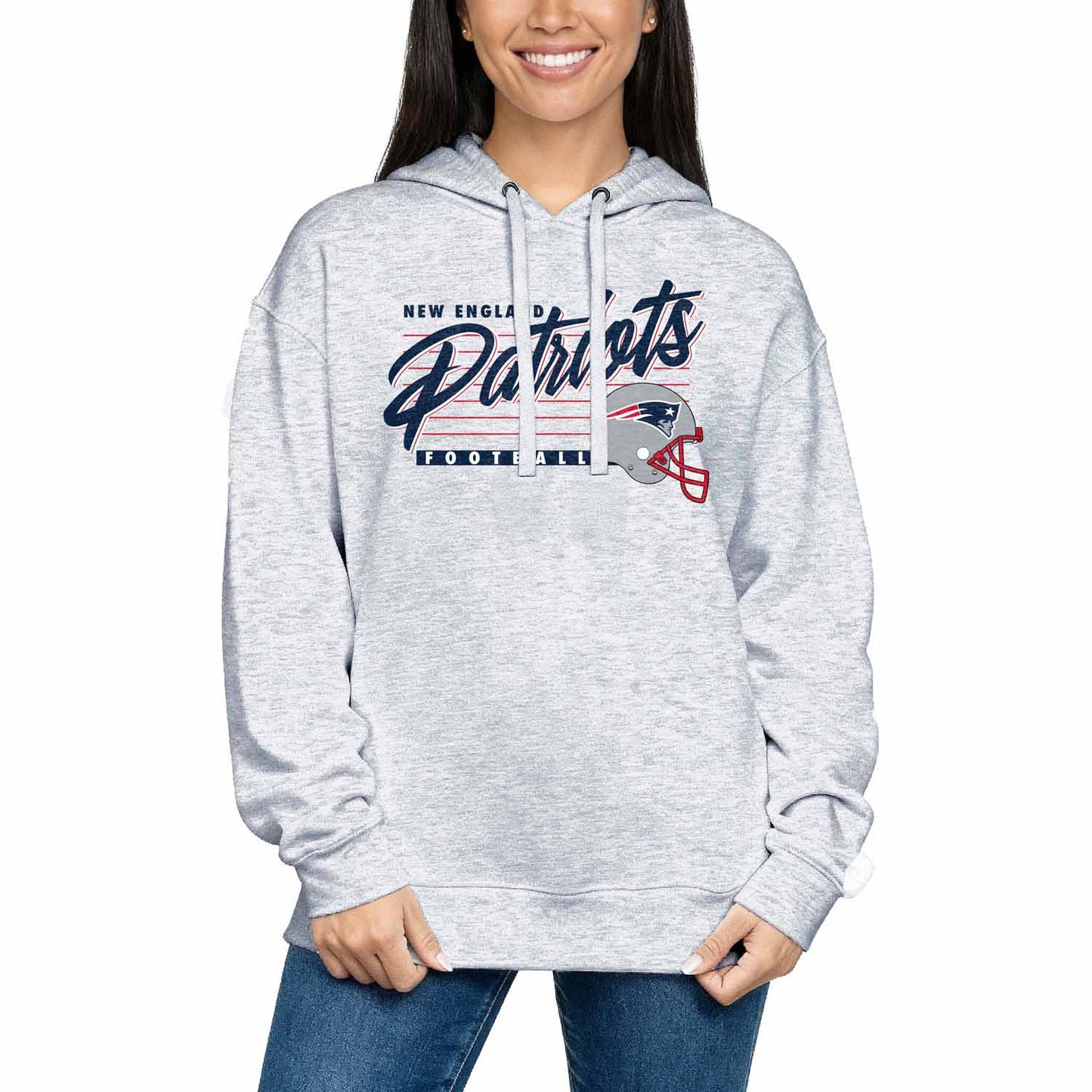 New England Patriots Ladies NFL Scrimmage Line Fleece Pullover Hooded Sweatshirt - Gray Heather