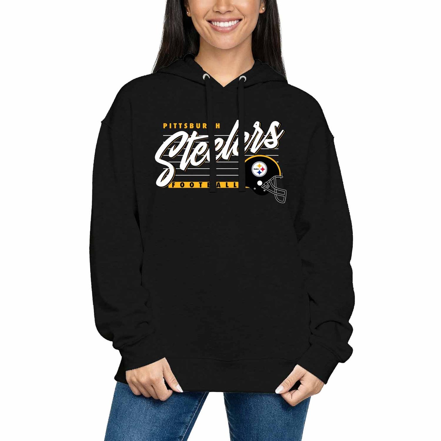 Pittsburgh Steelers Ladies NFL Scrimmage Line Fleece Pullover Hooded Sweatshirt - Black