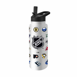 Logo Brands NHL 34oz Vacuum Insulated Stainless Steel Water Bottle - All Team Logo Wrap, Flip Straw Lid, Carry Handle - White
