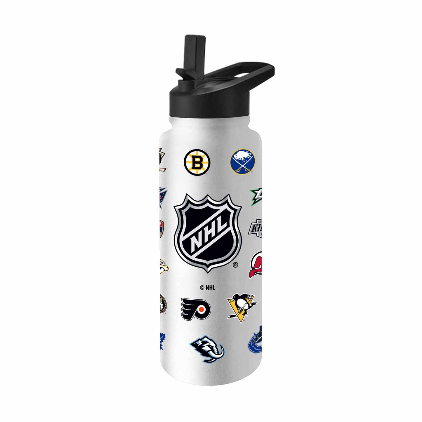 Logo Brands NHL 34oz Vacuum Insulated Stainless Steel Water Bottle - All Team Logo Wrap, Flip Straw Lid, Carry Handle - White