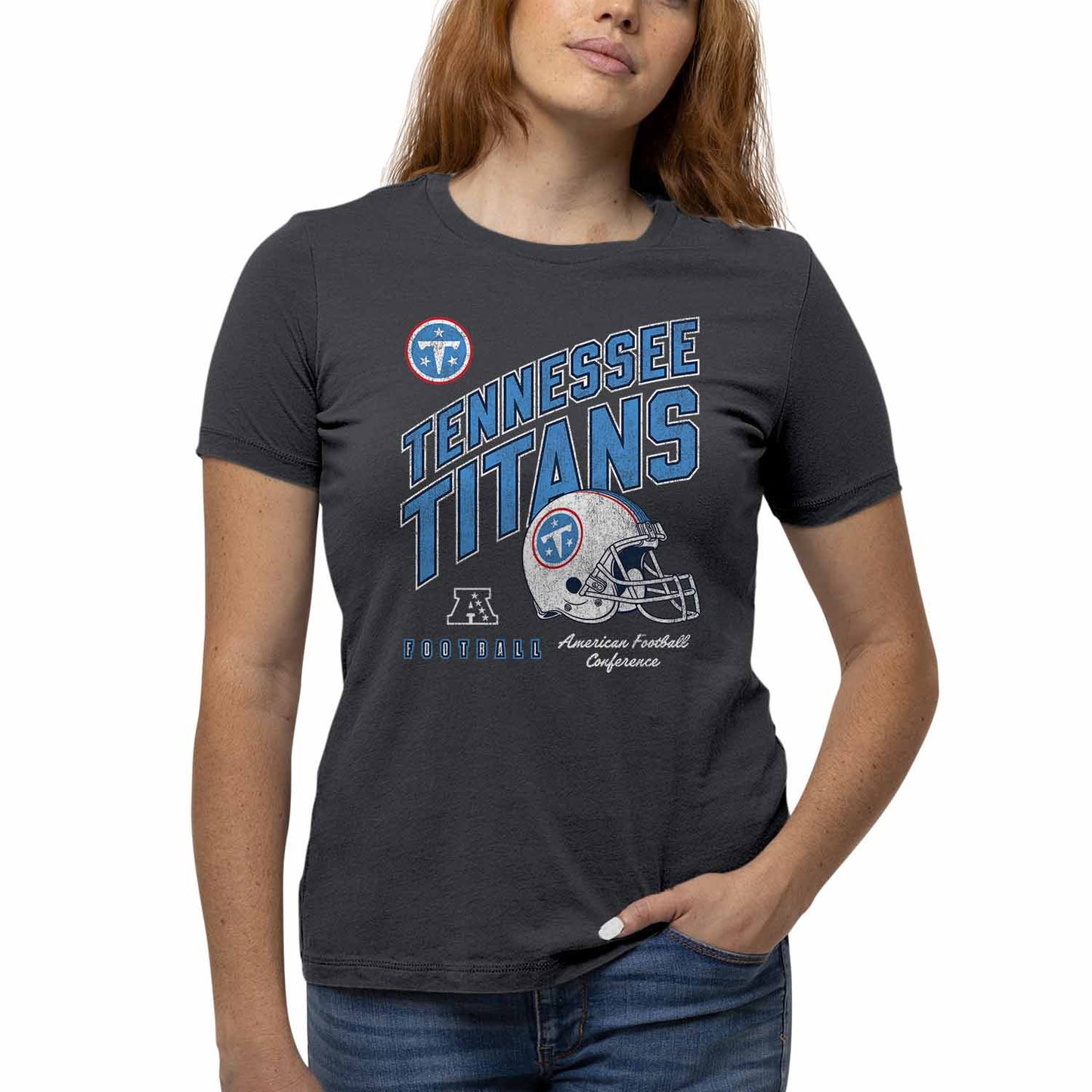 Tennessee Titans NFL Womens Distressed Helmet Tag-Less Soft T-Shirt - Heather Charcoal