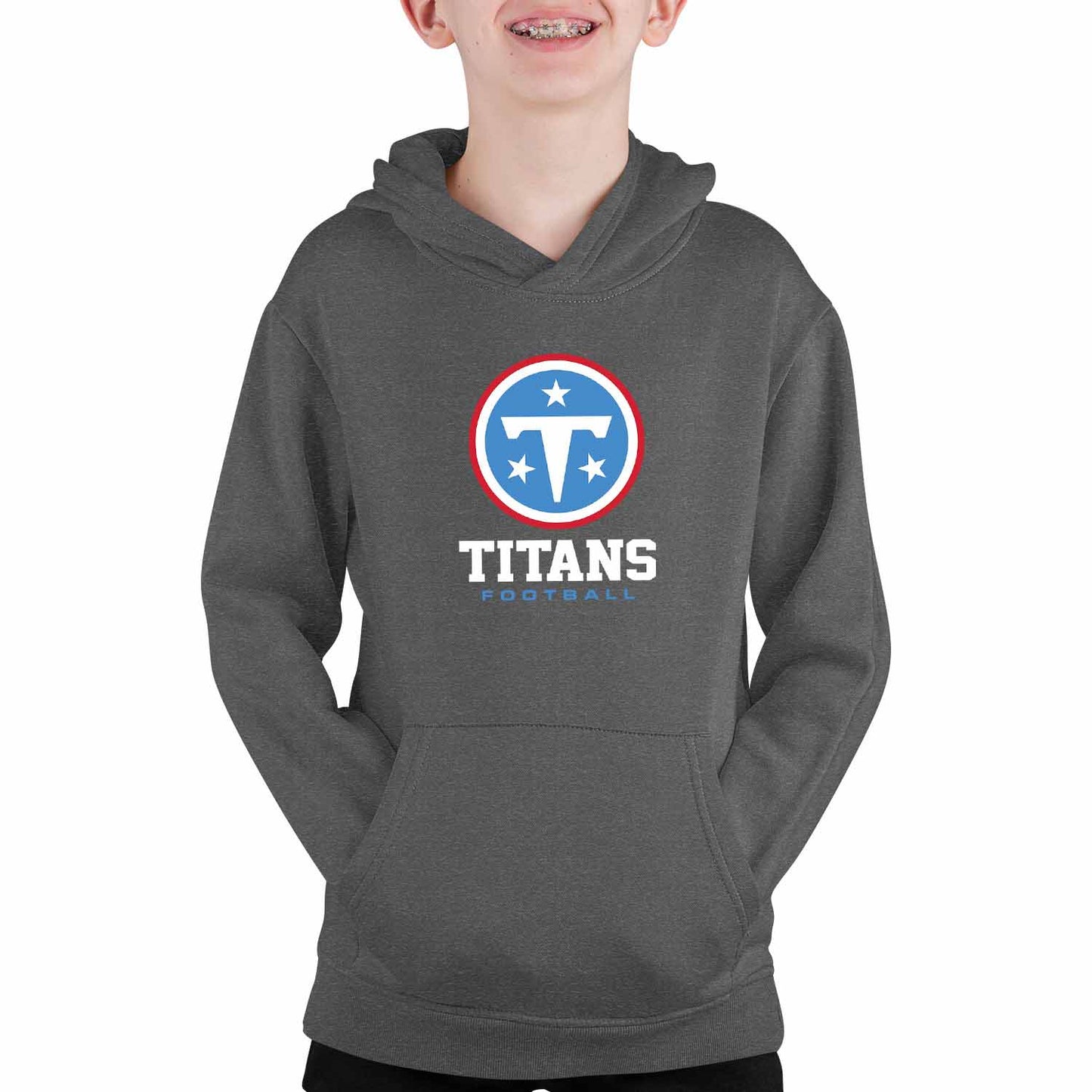 Tennessee Titans Youth NFL Big Logo Fleece Hooded Sweatshirt -Tagless Football Pullover For Kids - Heather Charcoal