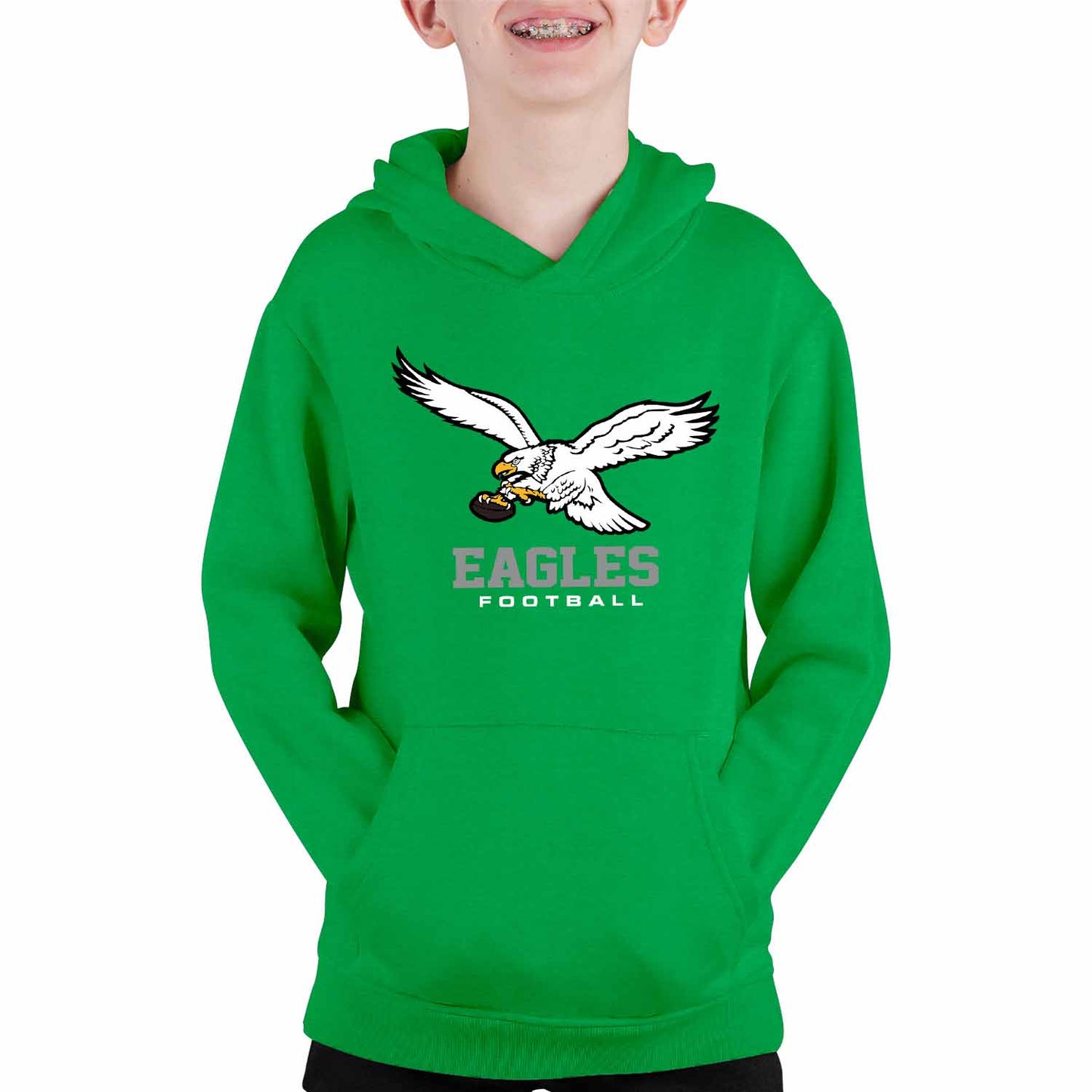 Philadelphia Eagles Youth NFL Big Logo Fleece Hooded Sweatshirt -Tagless Football Pullover For Kids - Kelly Green