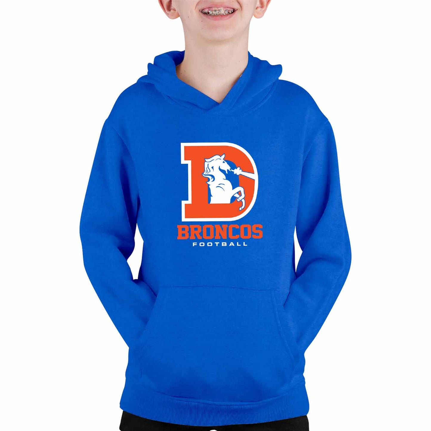 Denver Broncos Youth NFL Big Logo Fleece Hooded Sweatshirt -Tagless Football Pullover For Kids - Royal