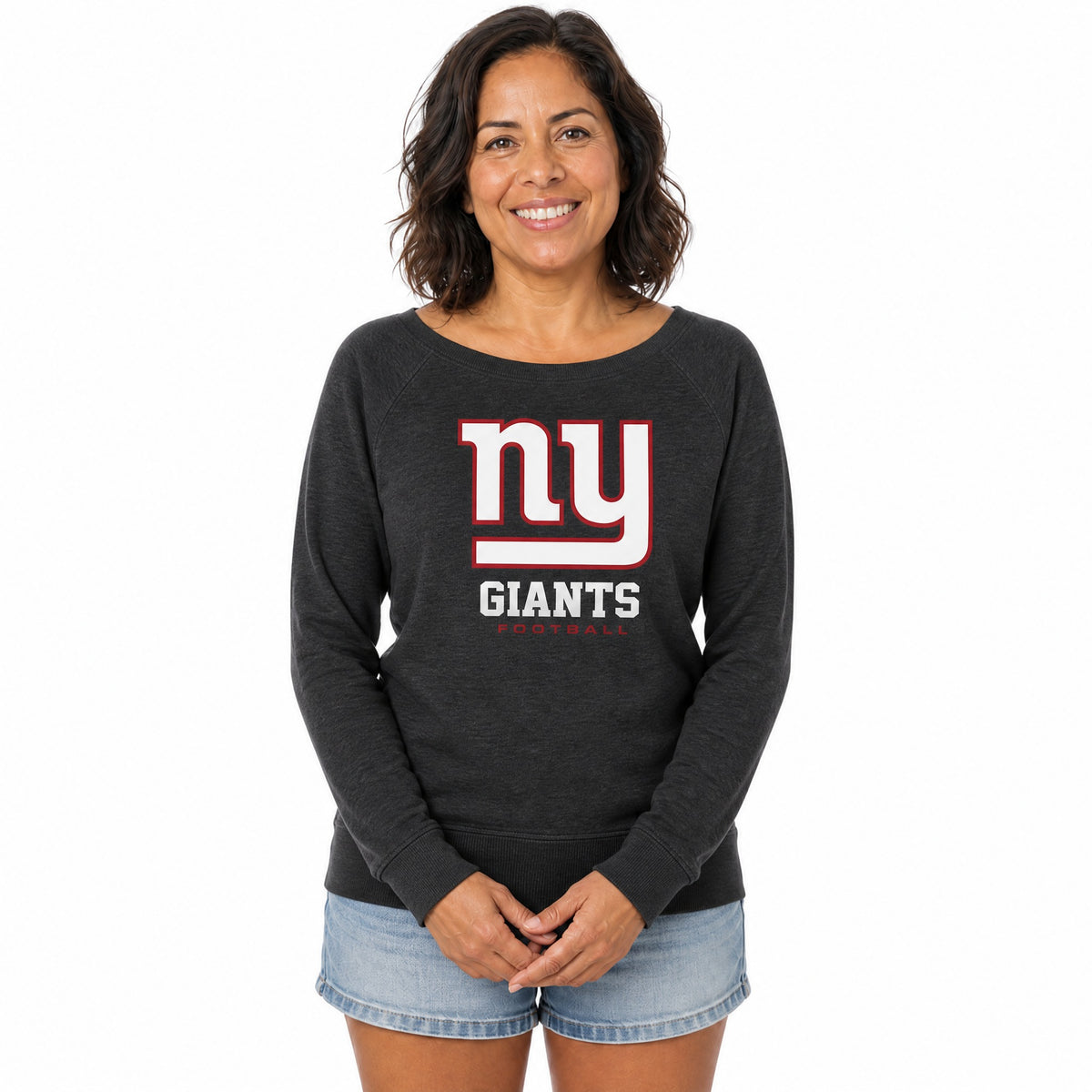 New York Giants  Women NFL French Terry Slouchy Top Scoop Neckline - Charcoal
