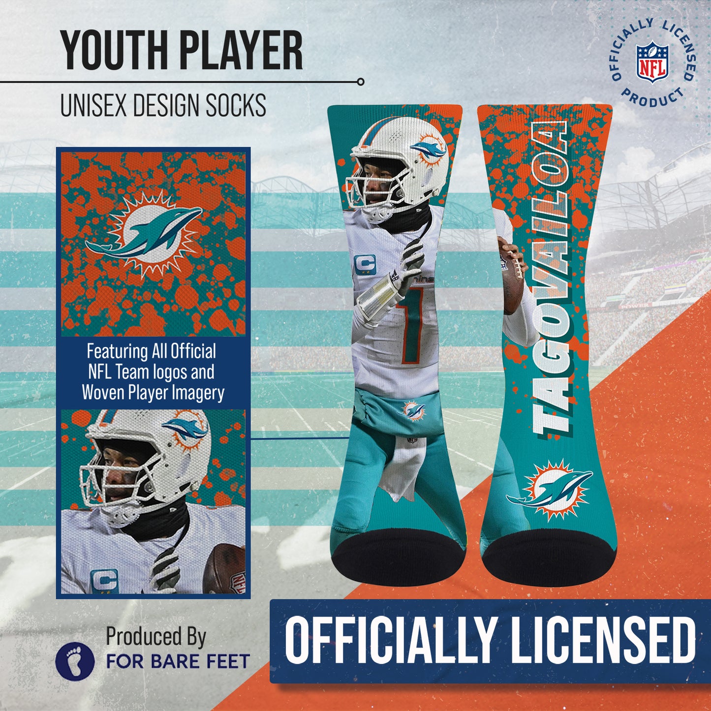 Miami Dolphins NFL Youth Player Stripe Sock - Teal