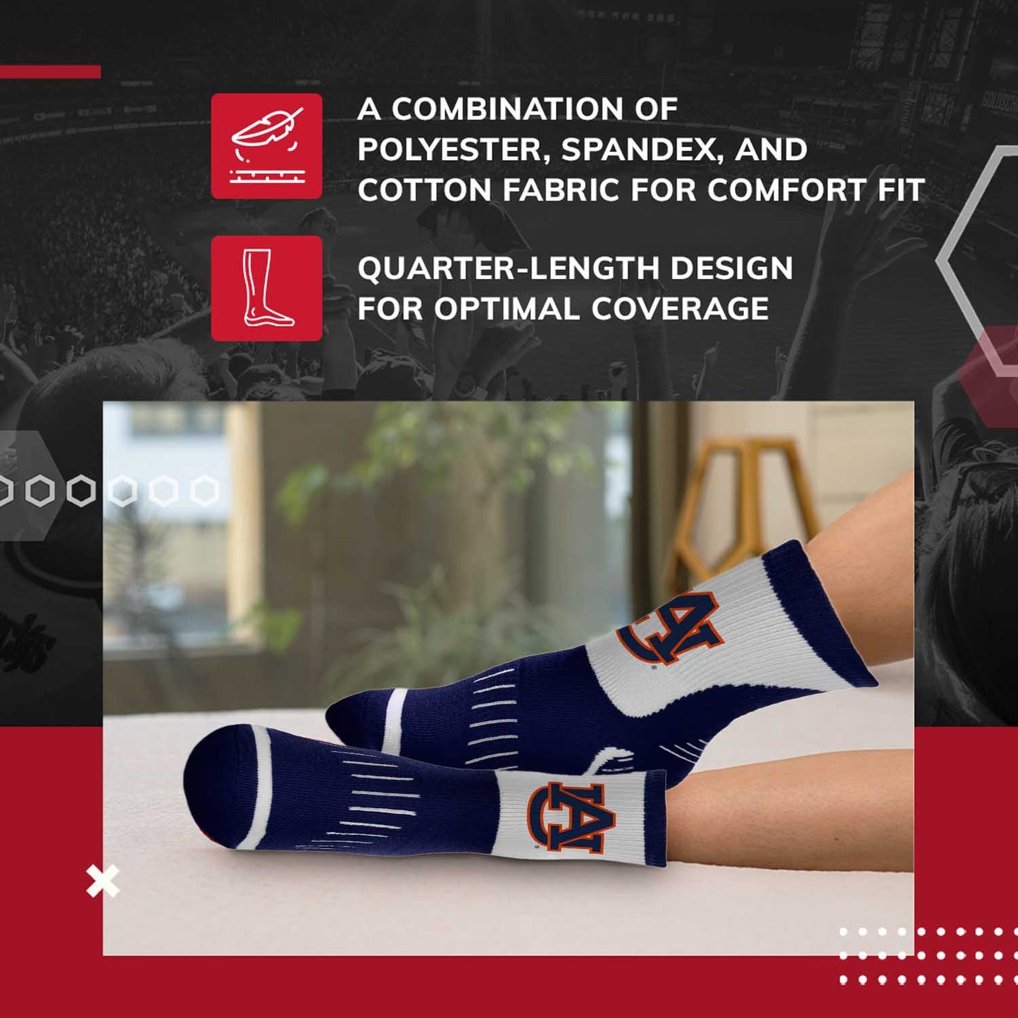 Auburn Tigers Adult NCAA Surge Quarter Length Crew Socks - Navy