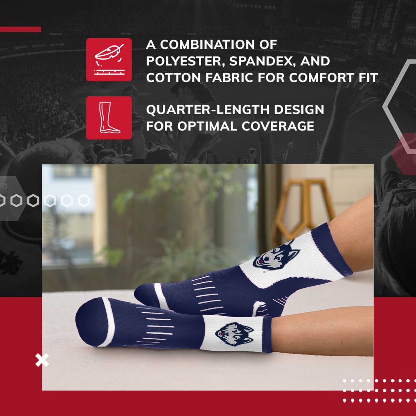 UCONN Huskies Adult Surge Quarter Length Crew Socks for Men and Women - Navy