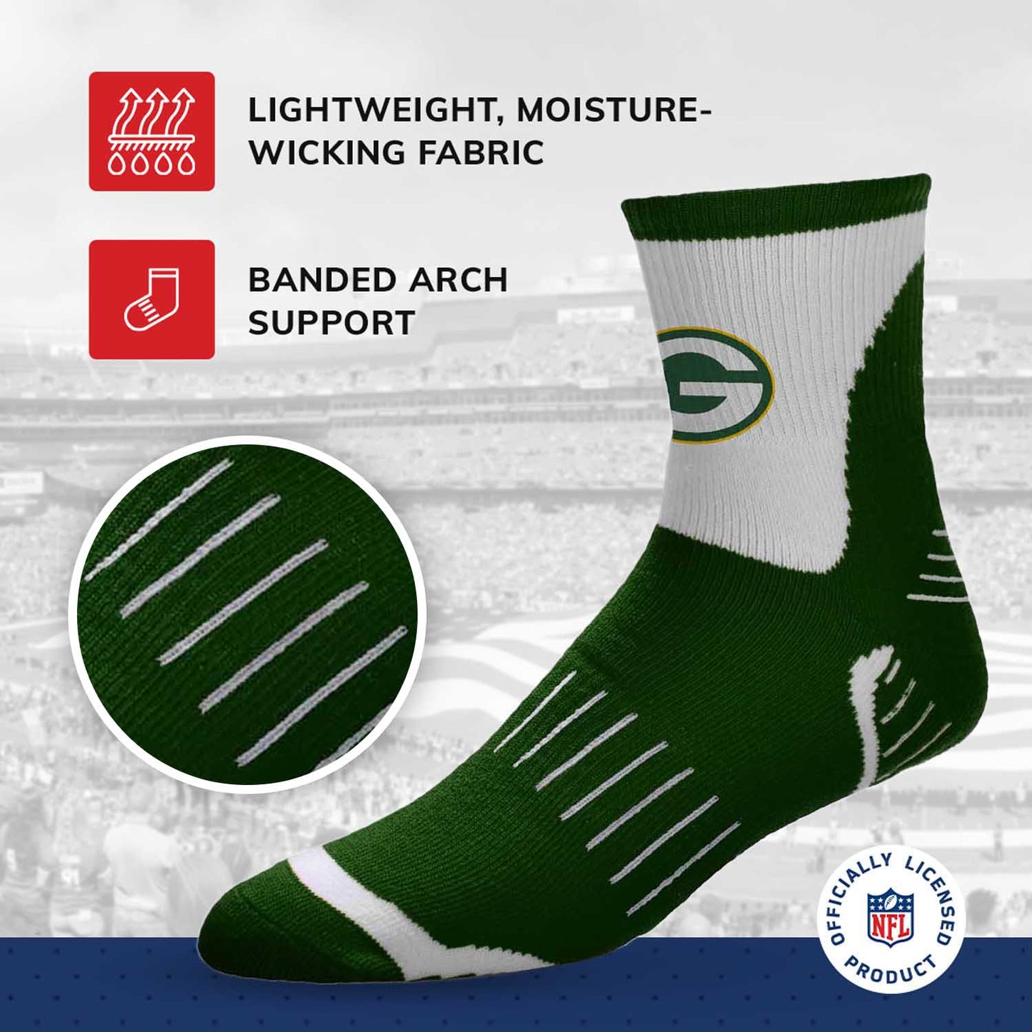 Green Bay Packers NFL Youth Performance Quarter Length Socks - Green