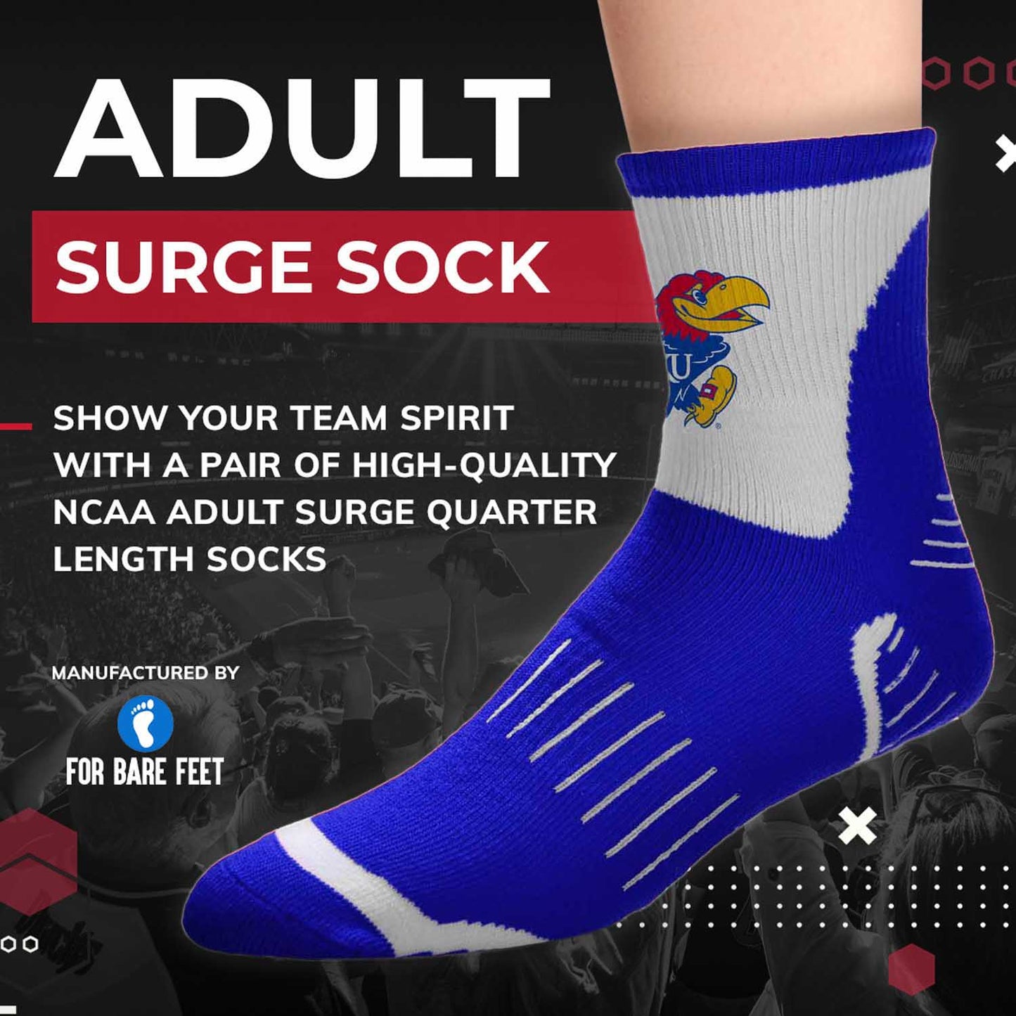 Kansas Jayhawks Adult NCAA Surge Quarter Length Crew Socks - Royal