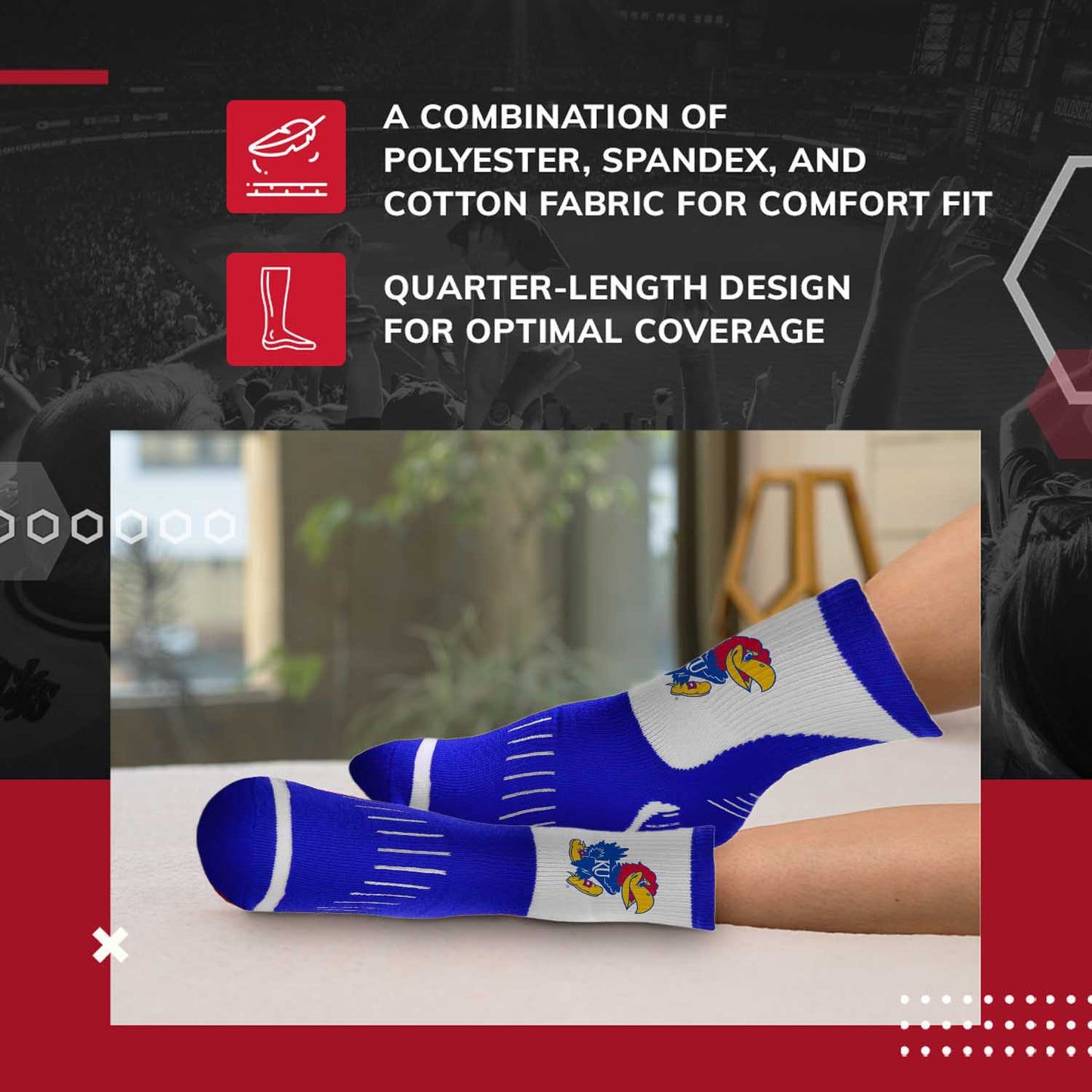 Kansas Jayhawks Adult NCAA Surge Quarter Length Crew Socks - Royal