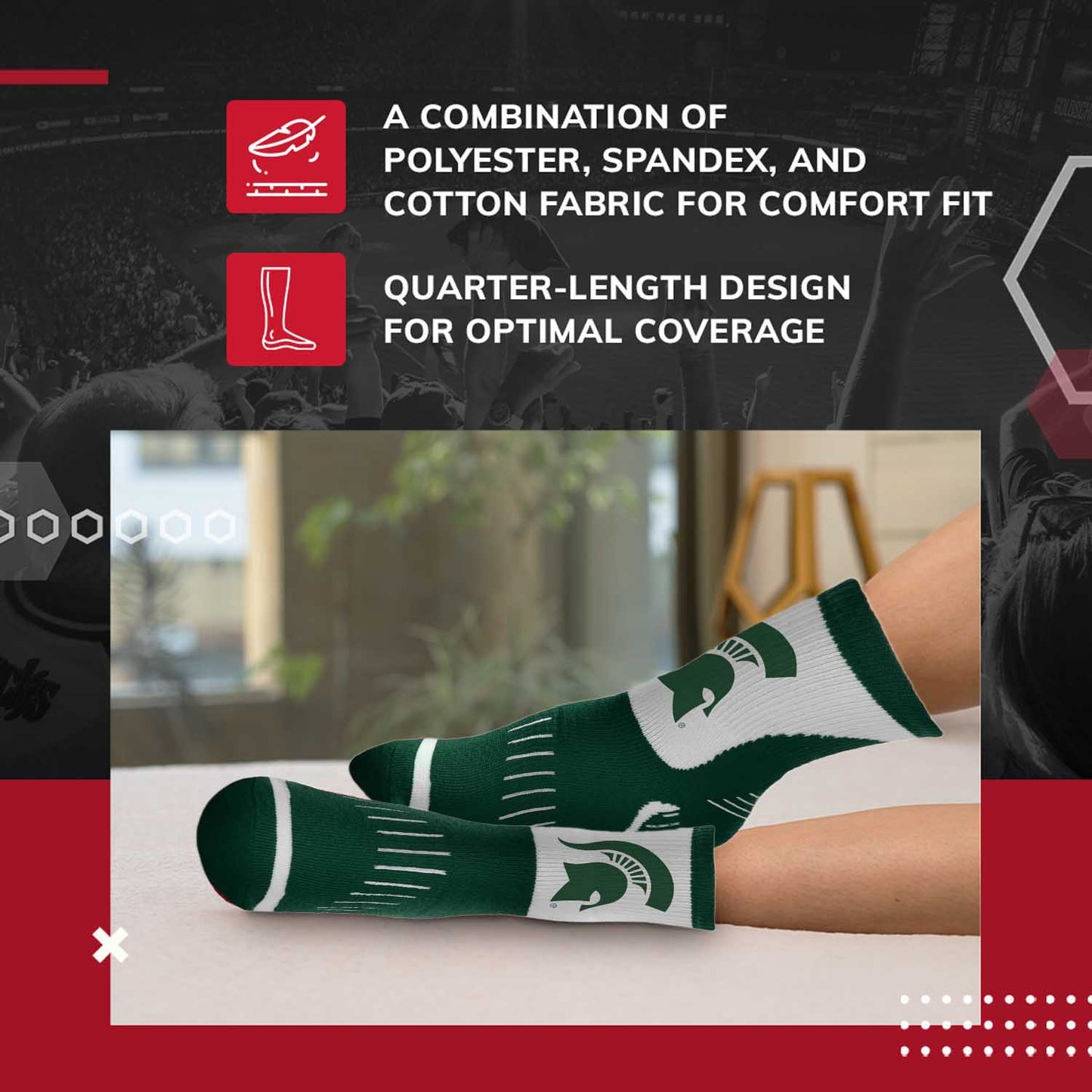 Michigan State Spartans Adult NCAA Surge Quarter Length Crew Socks - Forest Green