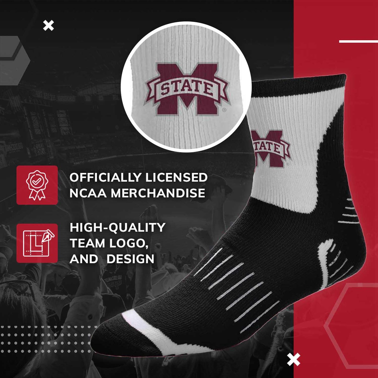 Mississippi State Bulldogs Adult NCAA Surge Quarter Length Crew Socks - Black