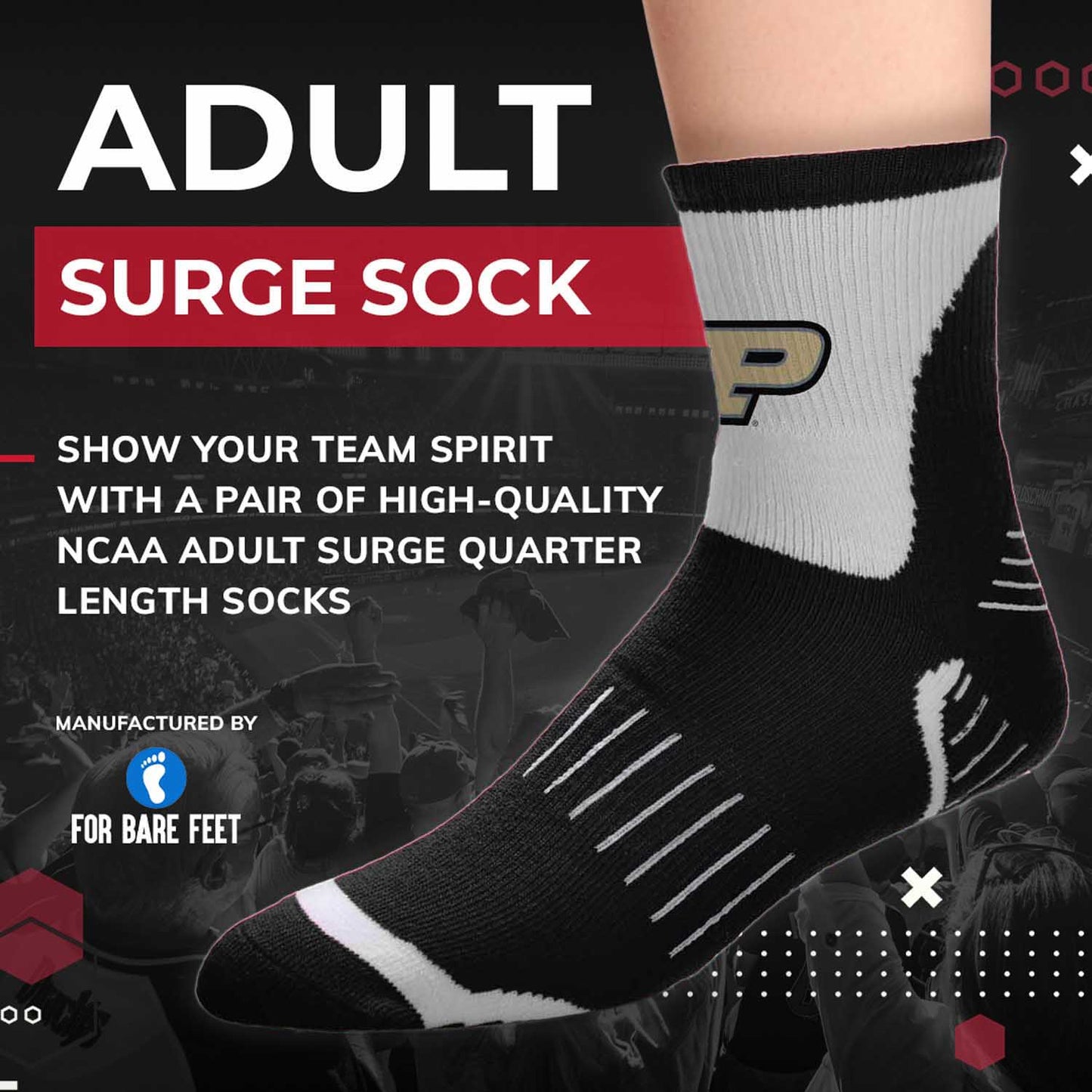 Purdue Boilermakers Adult NCAA Surge Quarter Length Crew Socks - Black