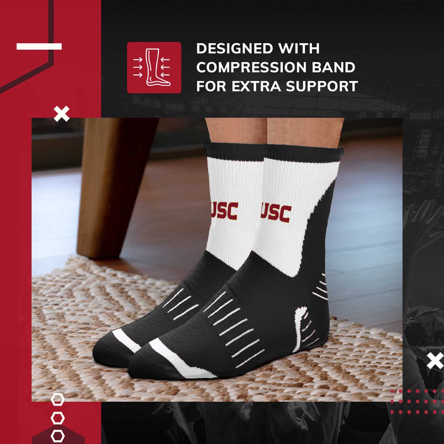 USC Trojans Adult Surge Quarter Length Crew Socks for Men and Women - Black